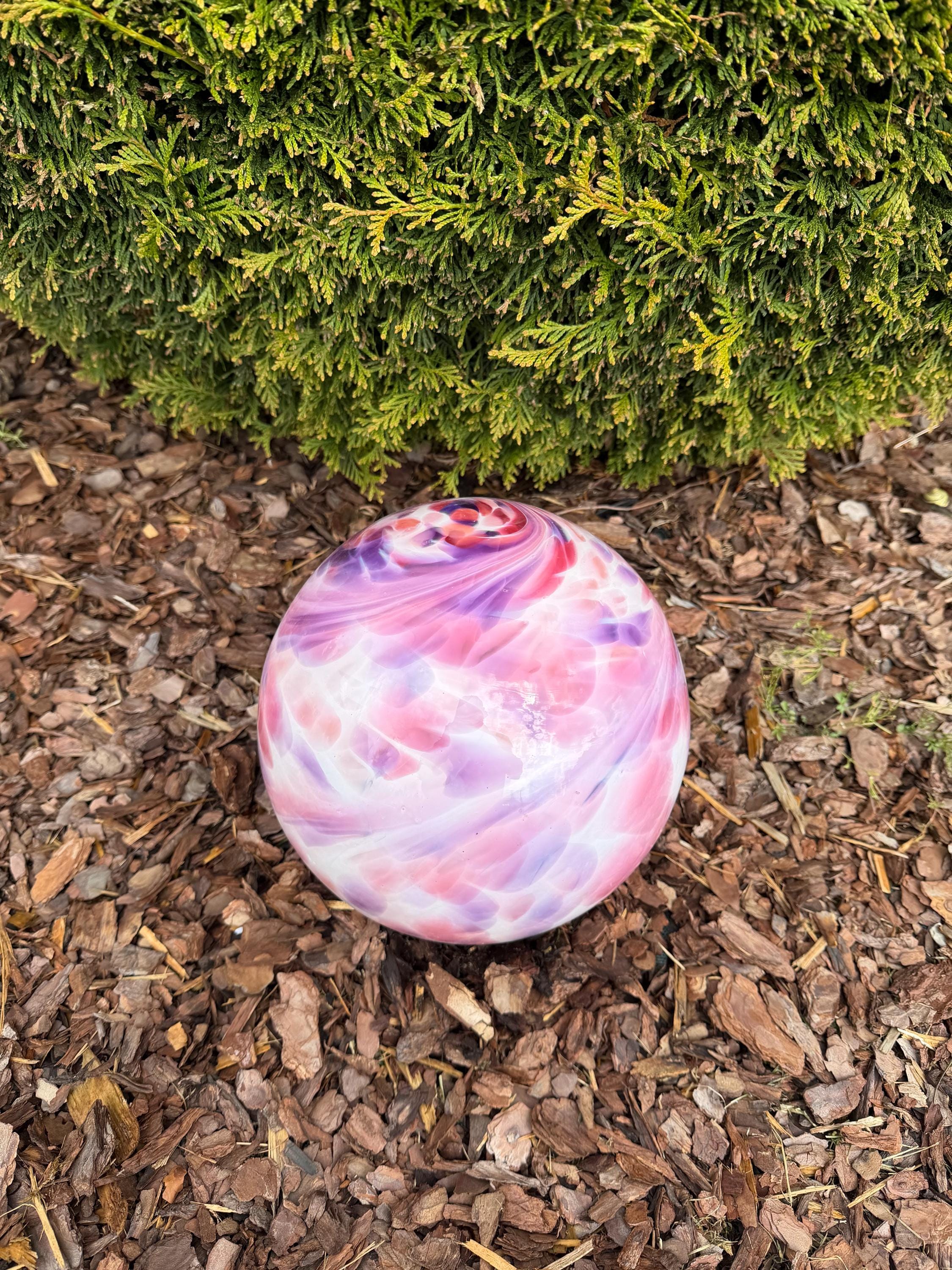 25cm Hand-Blown Glass Garden Sphere – Pink Purple White Swirl Large Gazing Ball