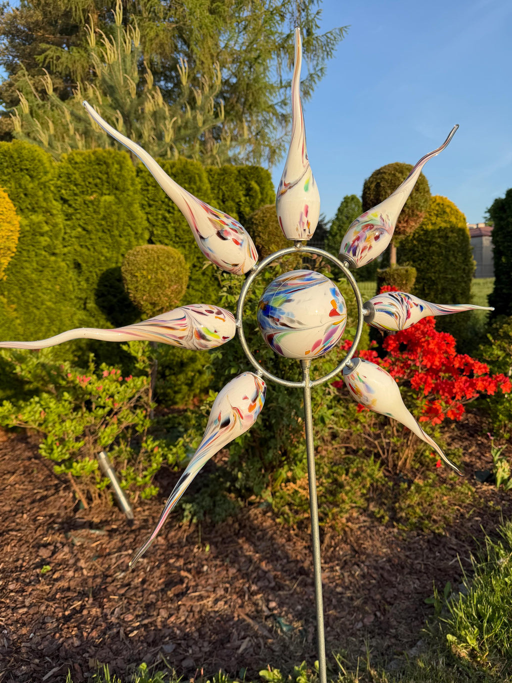 160cm Hand-Blown Multicolor Glass Sun Sculpture – 12cm Sphere with 30cm Flames Garden Art