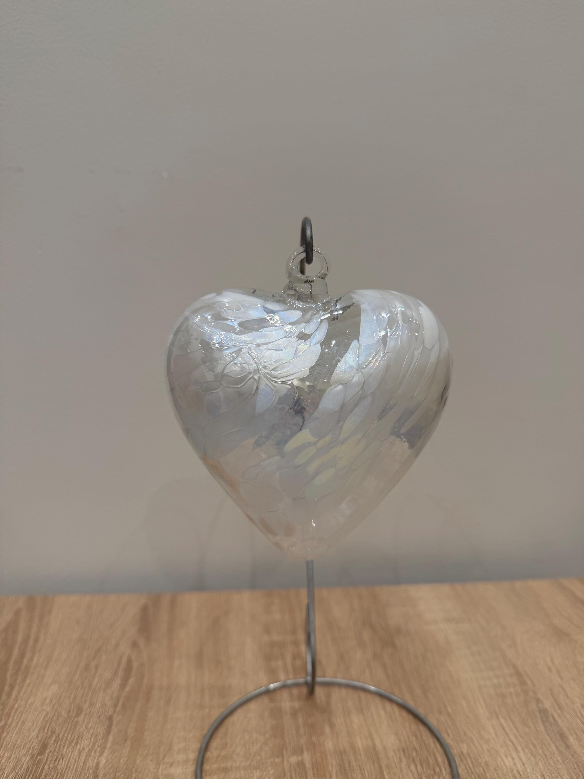 Hand Blown Glass Heart Ornament 12cm  – White Iridescent Suncatcher, Minimalist Decor
