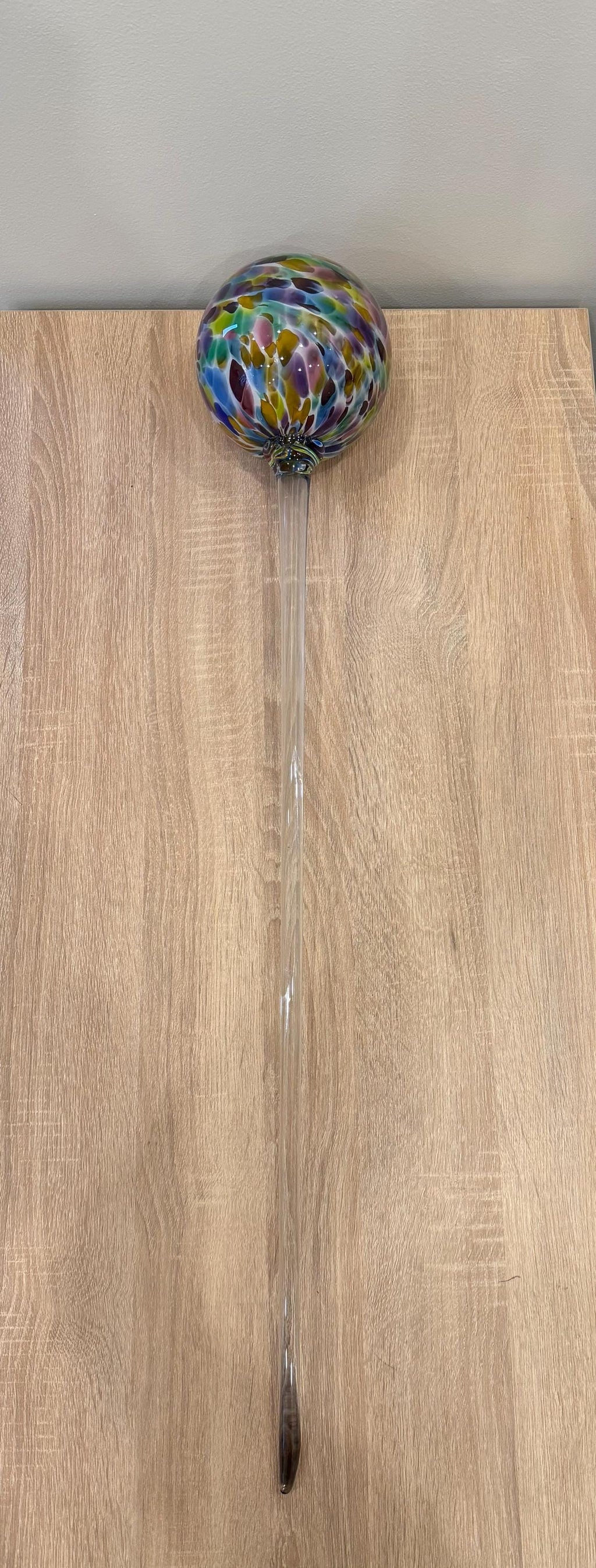 80cm Hand-Blown Glass Garden Stake – 15cm Multicolor Sphere