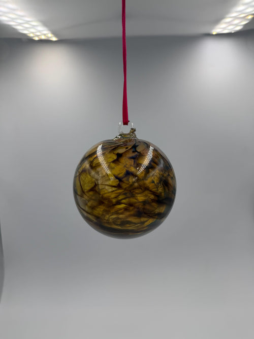 10cm Hand-Blown Gold Yellow Black Swirl Glass Ornament – Amber Large Hanging Ball