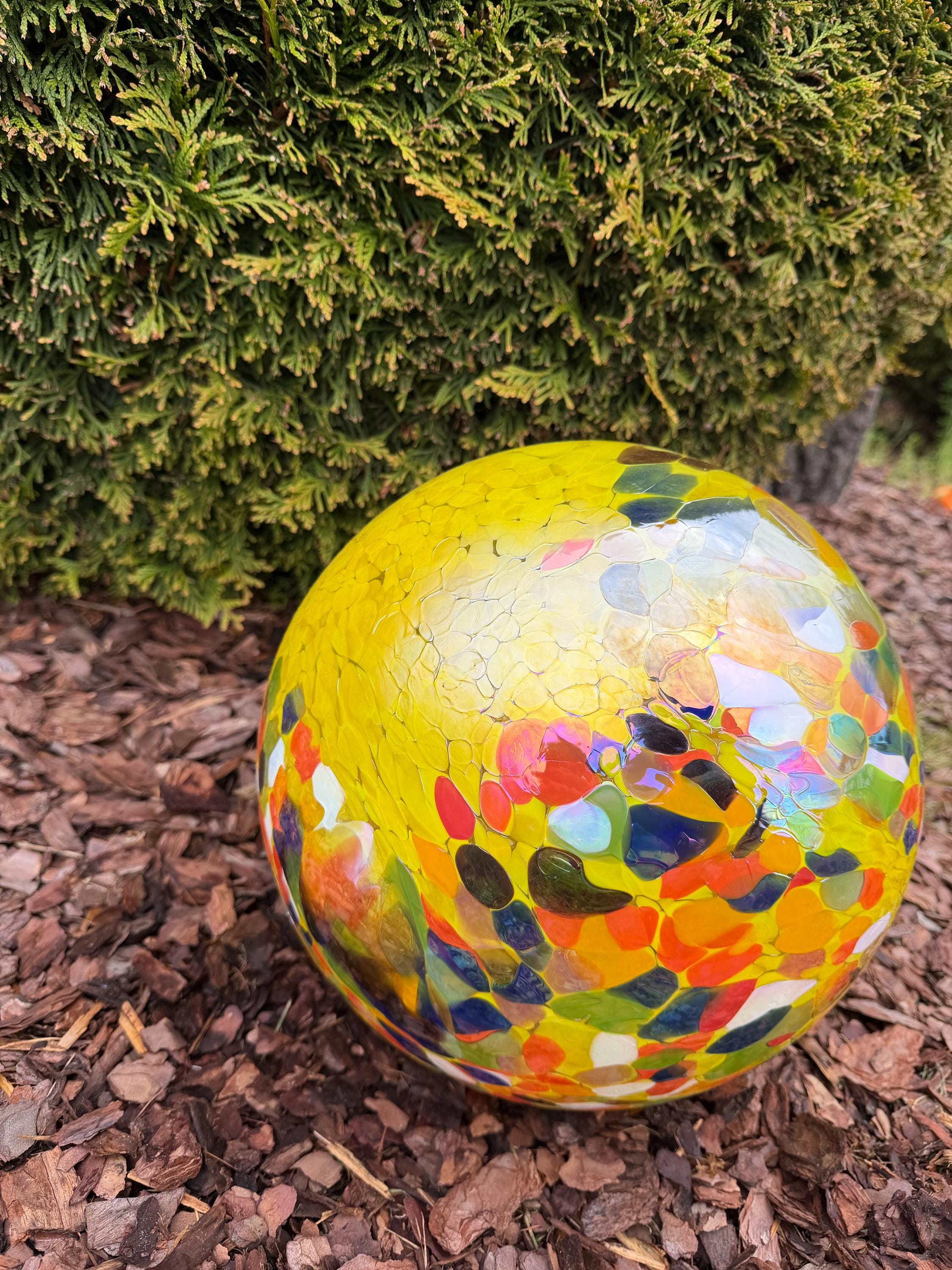 30cm Hand-Blown Glass Garden Sphere – Yellow Multicolor Mosaic Crackle Large Gazing Ball