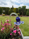 12cm Blue Glass Flower Garden Stake With White Edges - Hand Blown Art - 50cm Decor