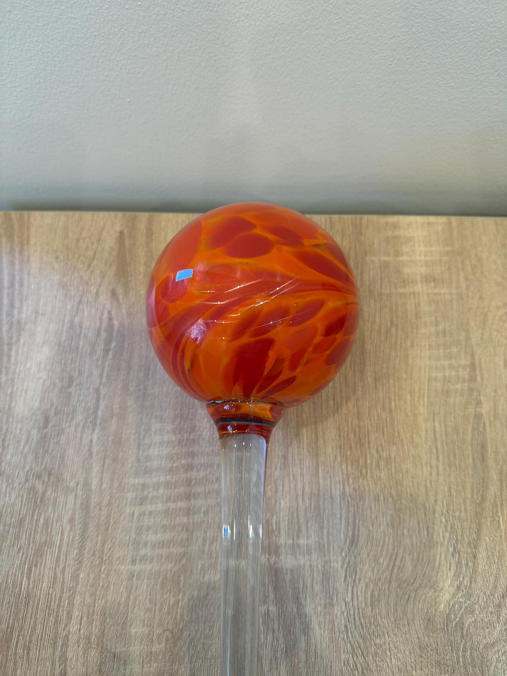 70cm Hand-Blown Glass Garden Stake – 12cm Flame Red Orange Swirl Sphere