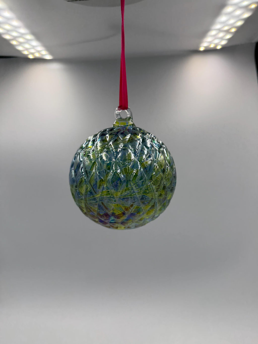 10cm Hand-Blown Crackle Glass Ornament – Iridescent Blue Green Clear Hanging Sphere