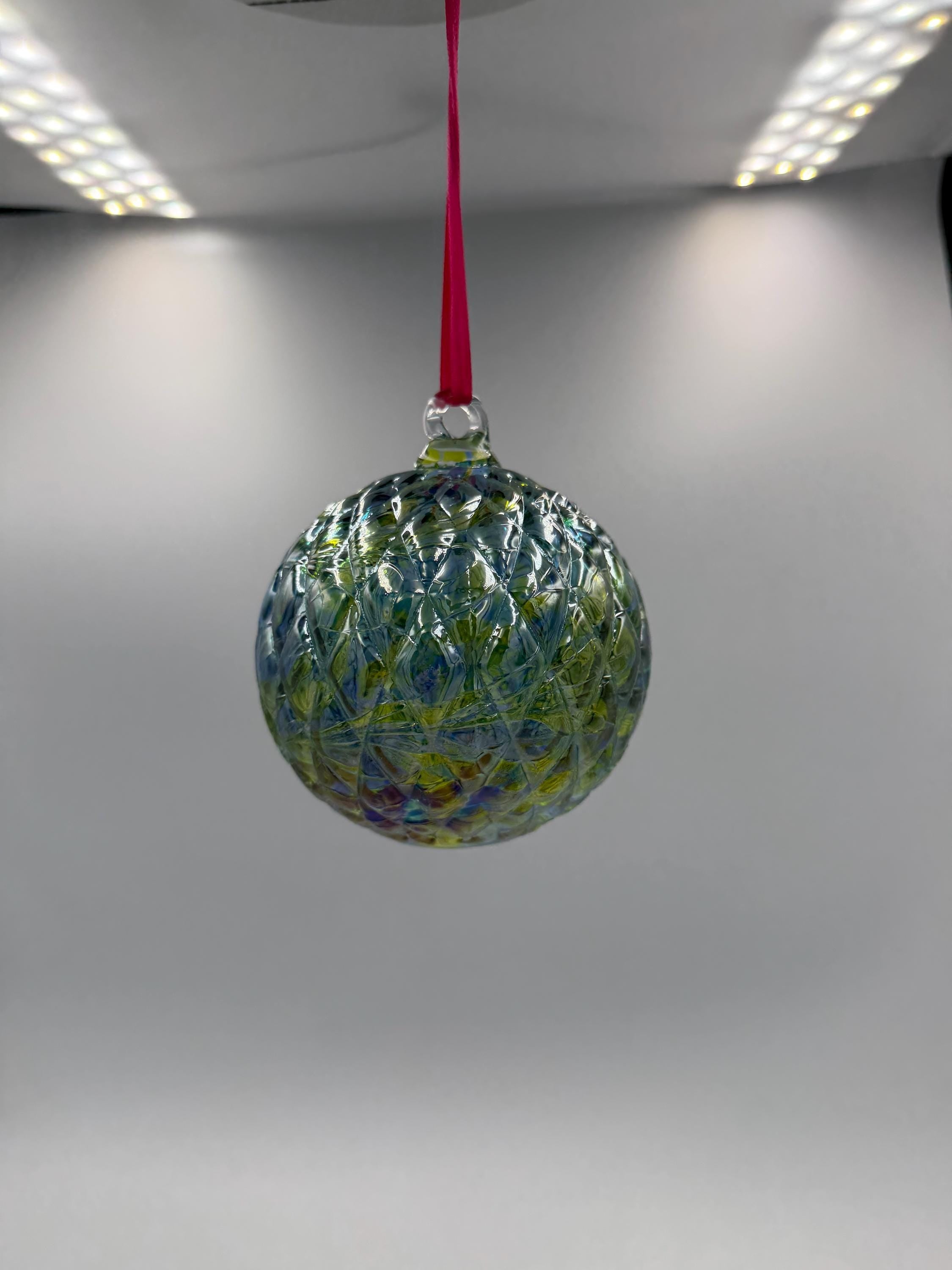 10cm Hand-Blown Crackle Glass Ornament – Iridescent Blue Green Clear Hanging Sphere