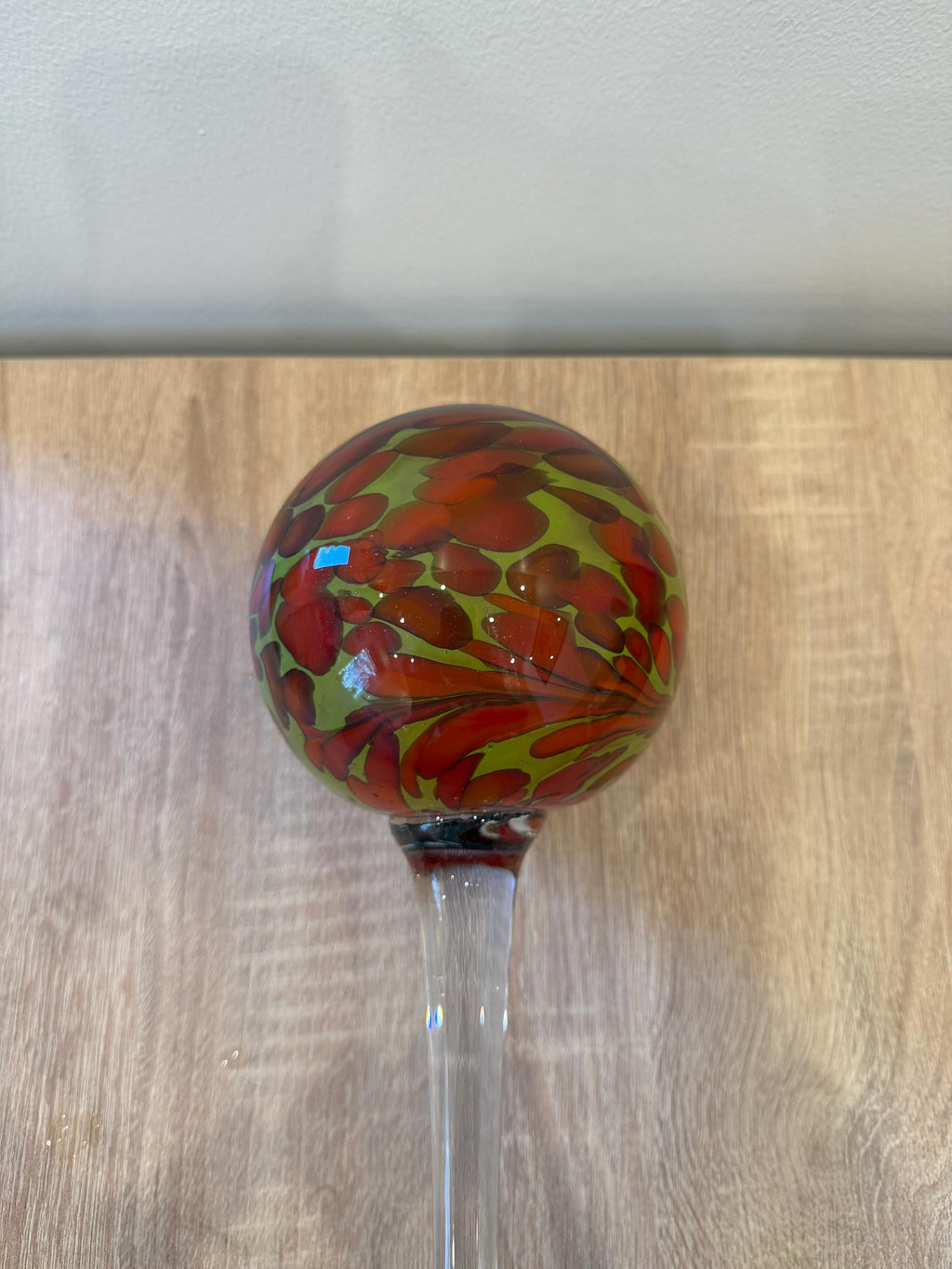 70cm Hand-Blown Glass Garden Stake – 12cm Red Green Abstract Sphere