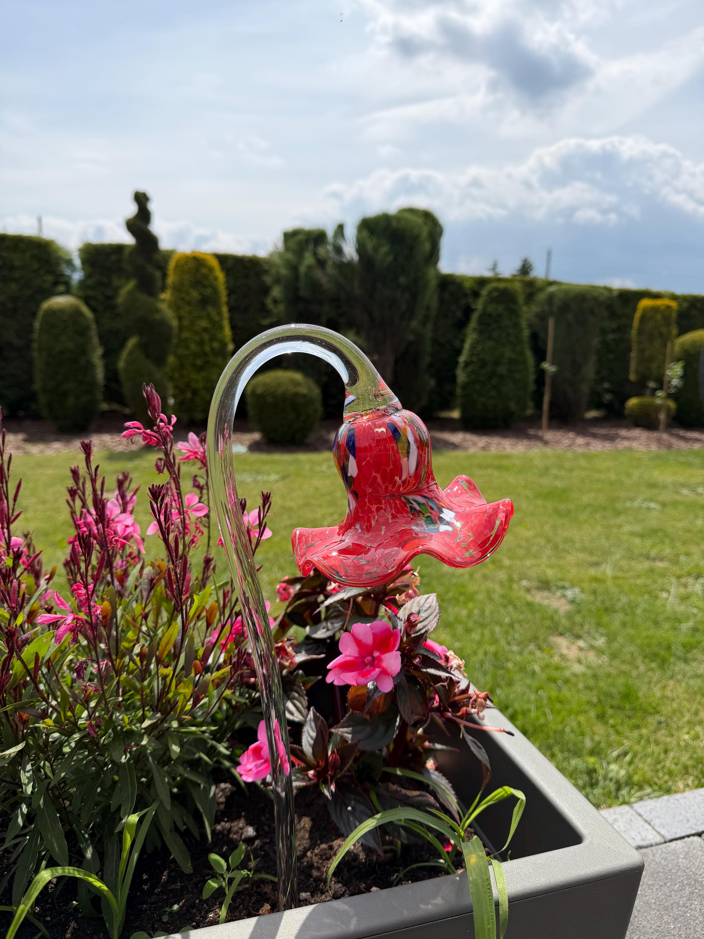 12cm Red Glass Flower Garden Stake - Hand Blown Garden Art - 50cm Decor