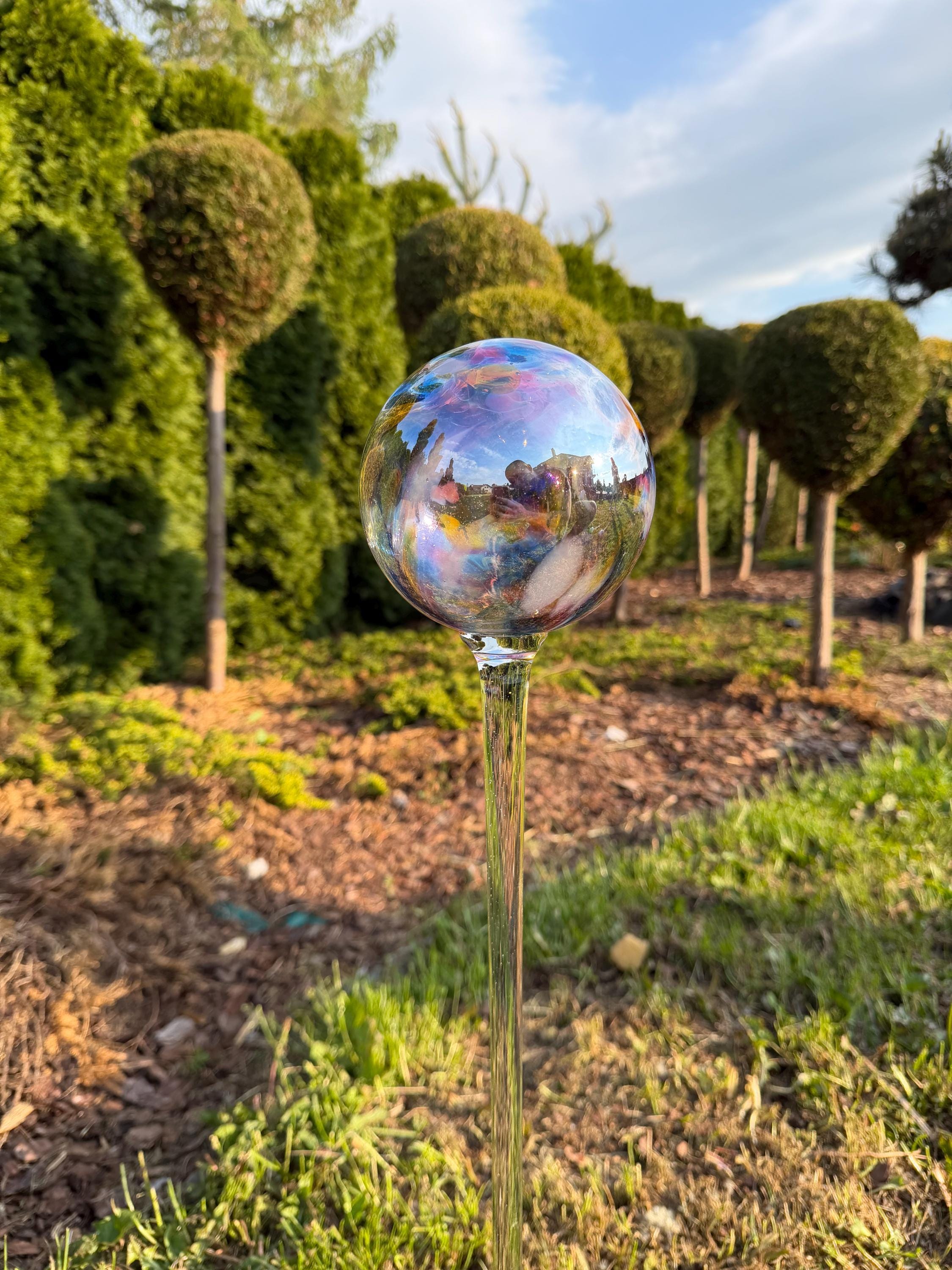 70cm Hand-Blown Iridescent Multicolor Transparent Glass Garden Stake – 12cm Rainbow Sphere
