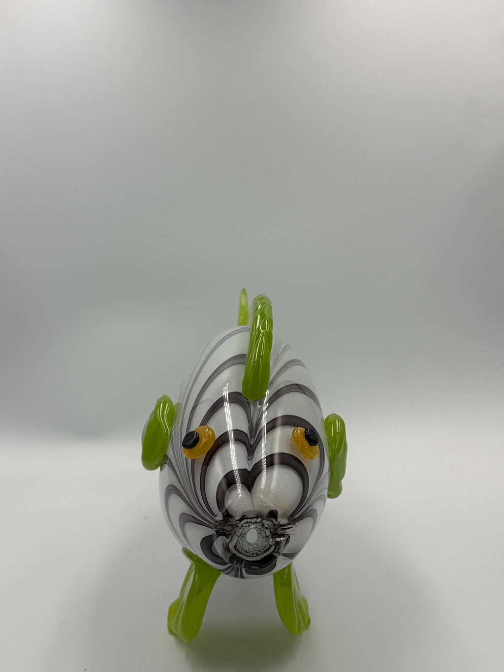 43cm Hand-Blown Glass Fish Sculpture – White Gray Swirl with Green Fins
