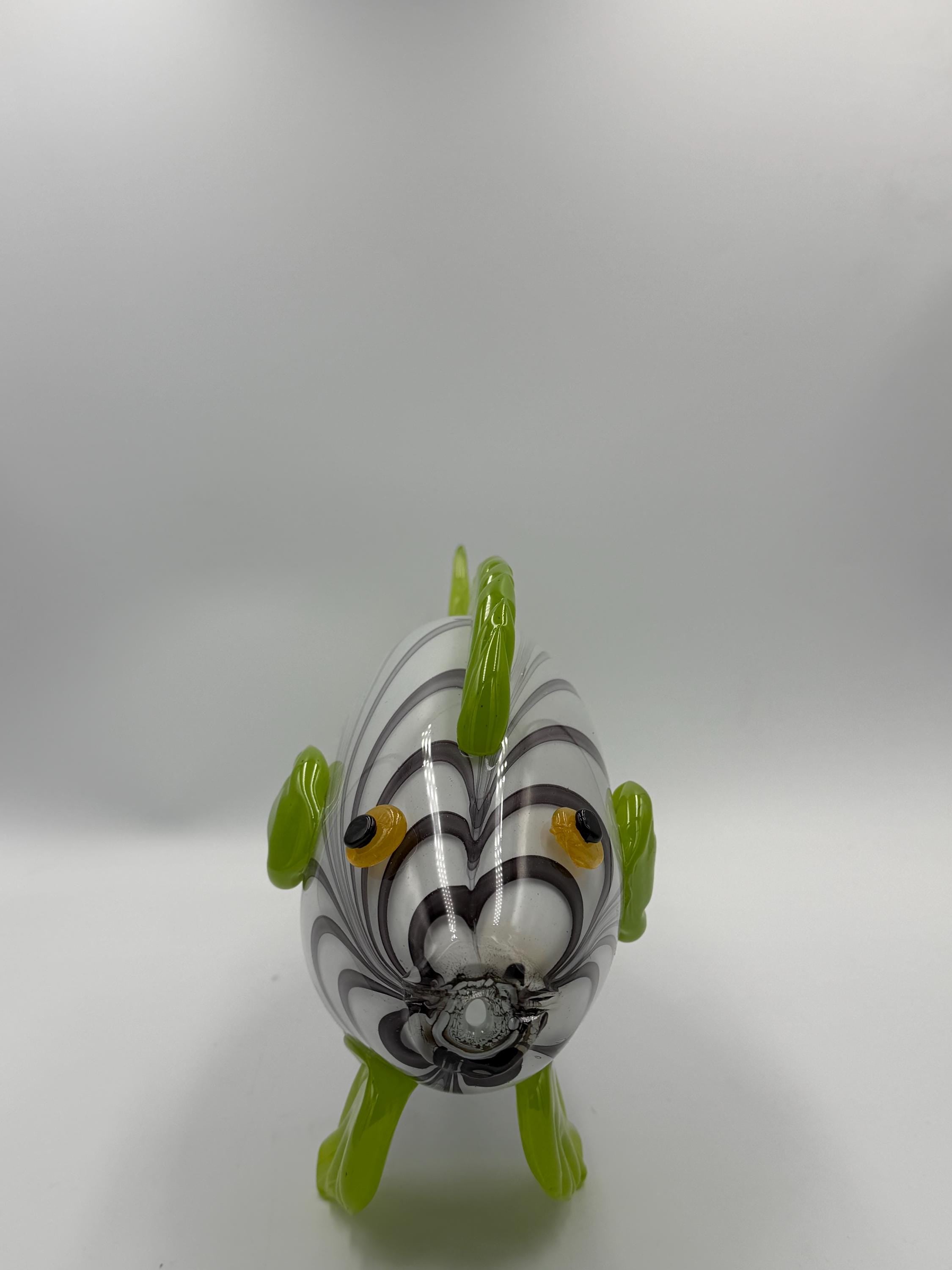 43cm Hand-Blown Glass Fish Sculpture – White Gray Swirl with Green Fins