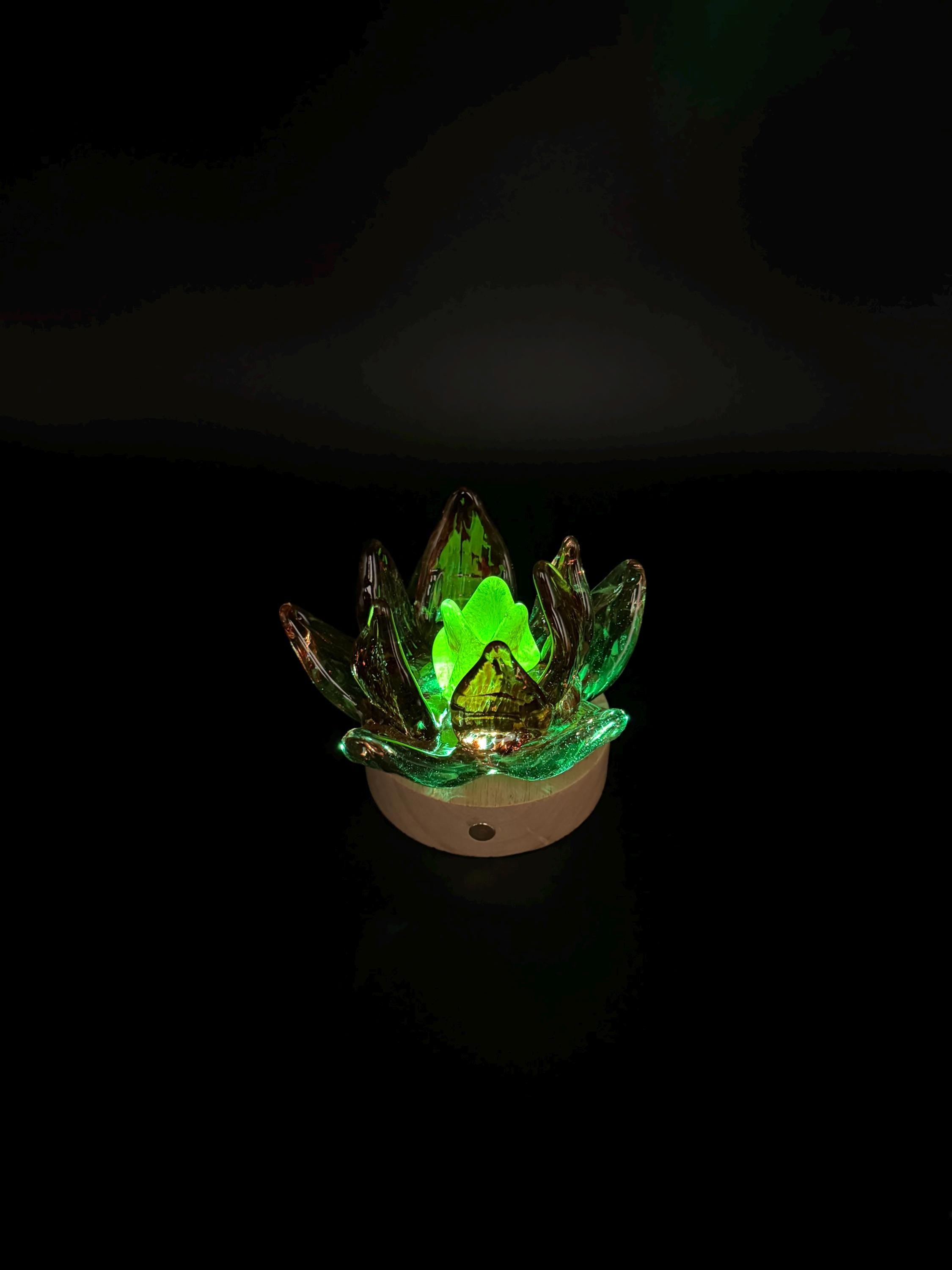 Hand Blown Glass Flower Night Light – Touch Lamp with Wooden Base (12cm)