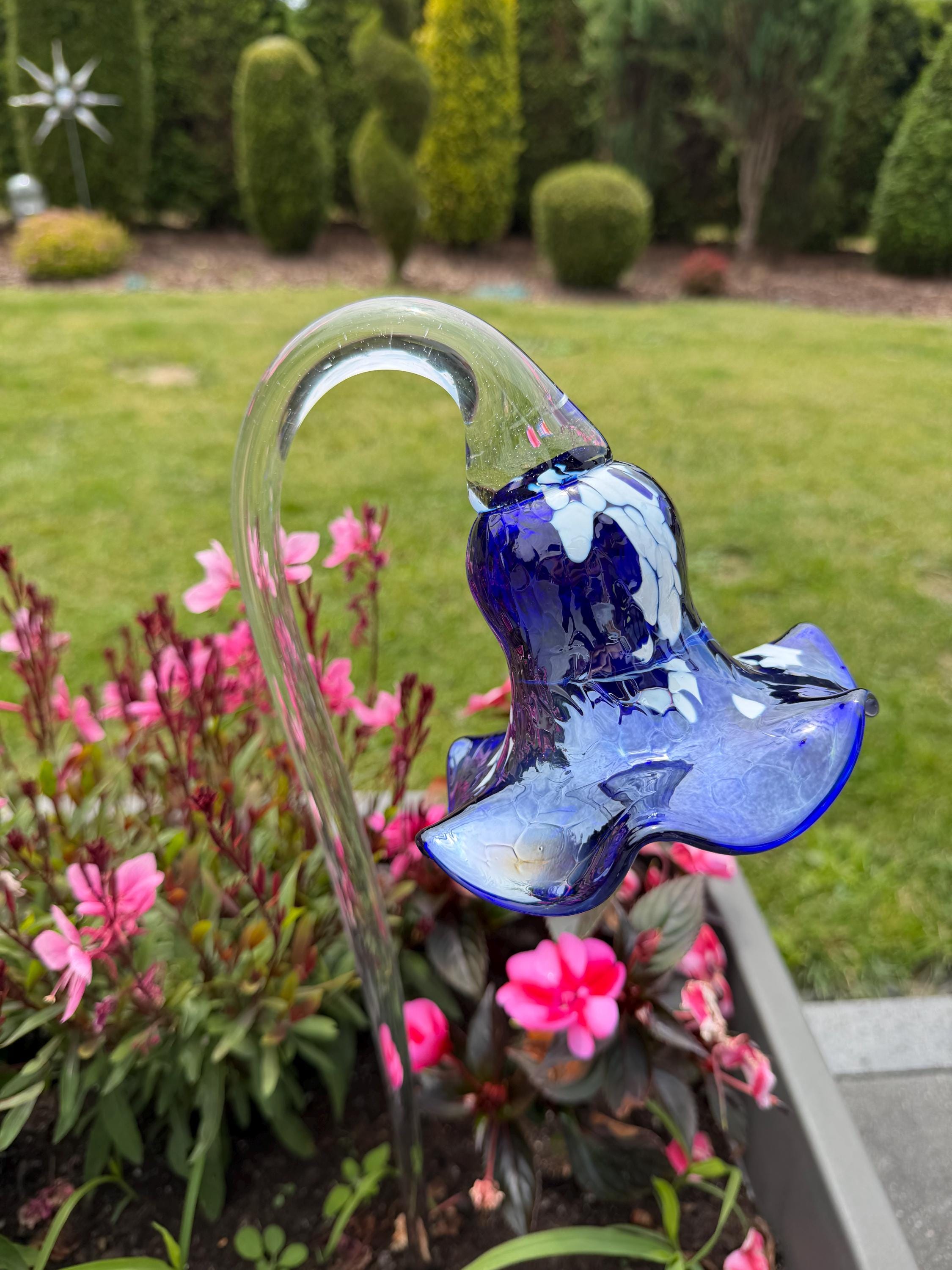 12cm Glass Flower Garden Stake - Hand Blown Blue Garden Art - Outdoor Decor - 50cm Sculpture
