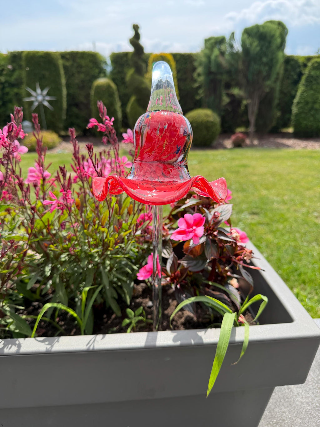 12cm Red Glass Flower Garden Stake - Hand Blown Garden Art - 50cm Decor
