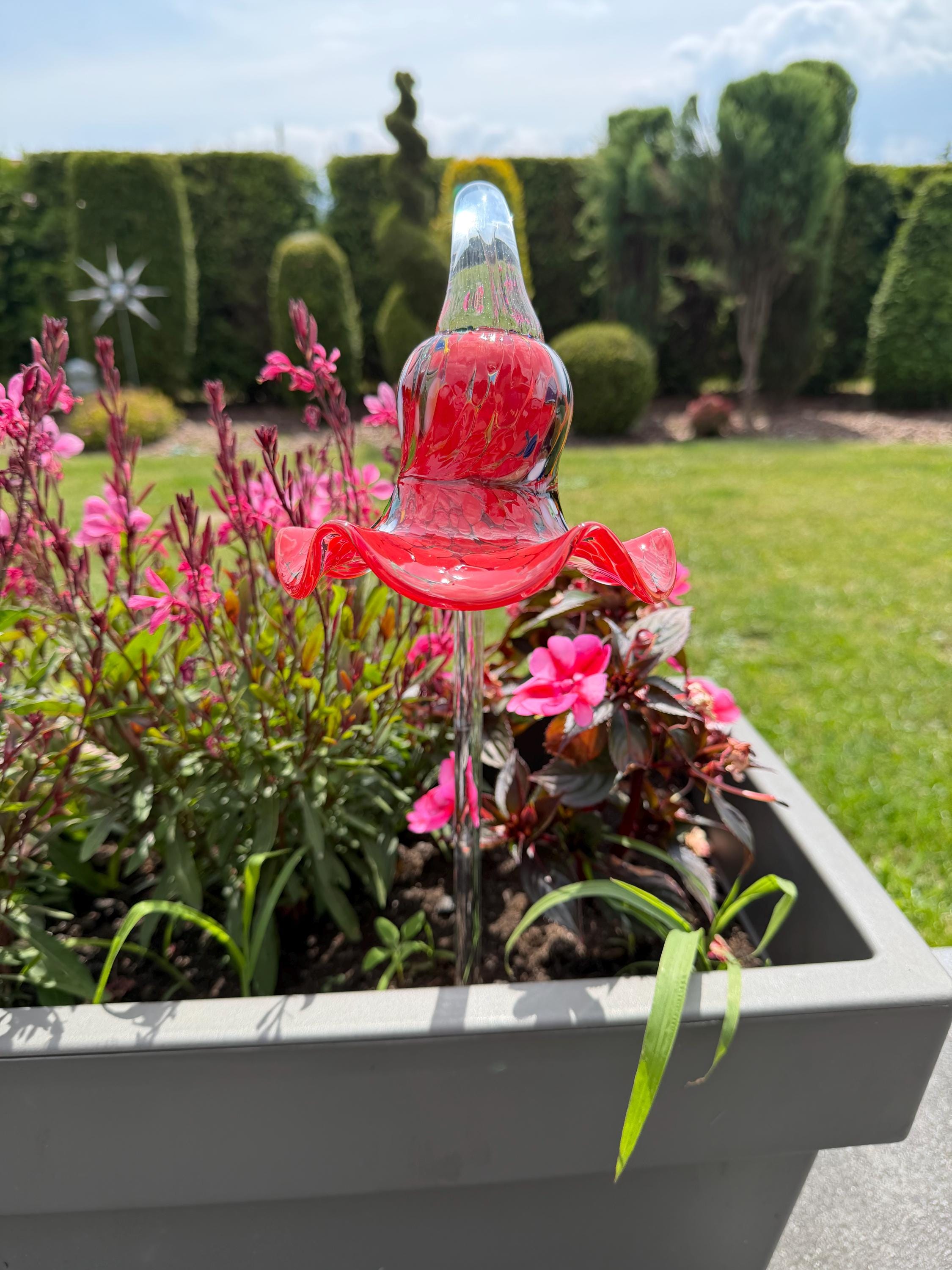 12cm Red Glass Flower Garden Stake - Hand Blown Garden Art - 50cm Decor
