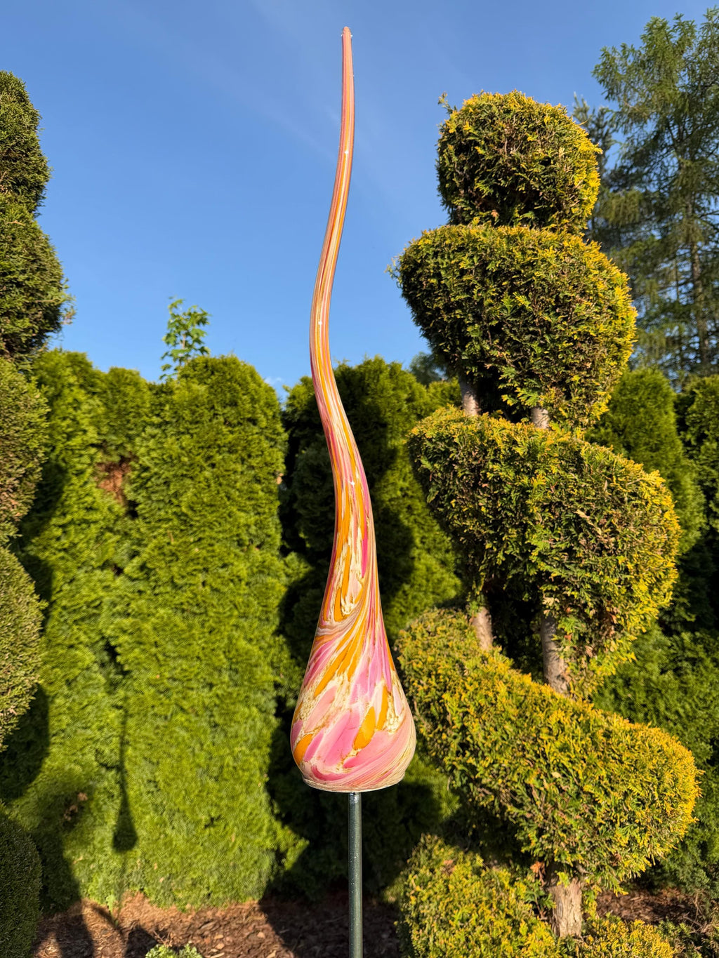 180cm Hand-Blown Glass Flame Sculpture on Metal Stake with Leaves – 50cm Colorful Garden Flame