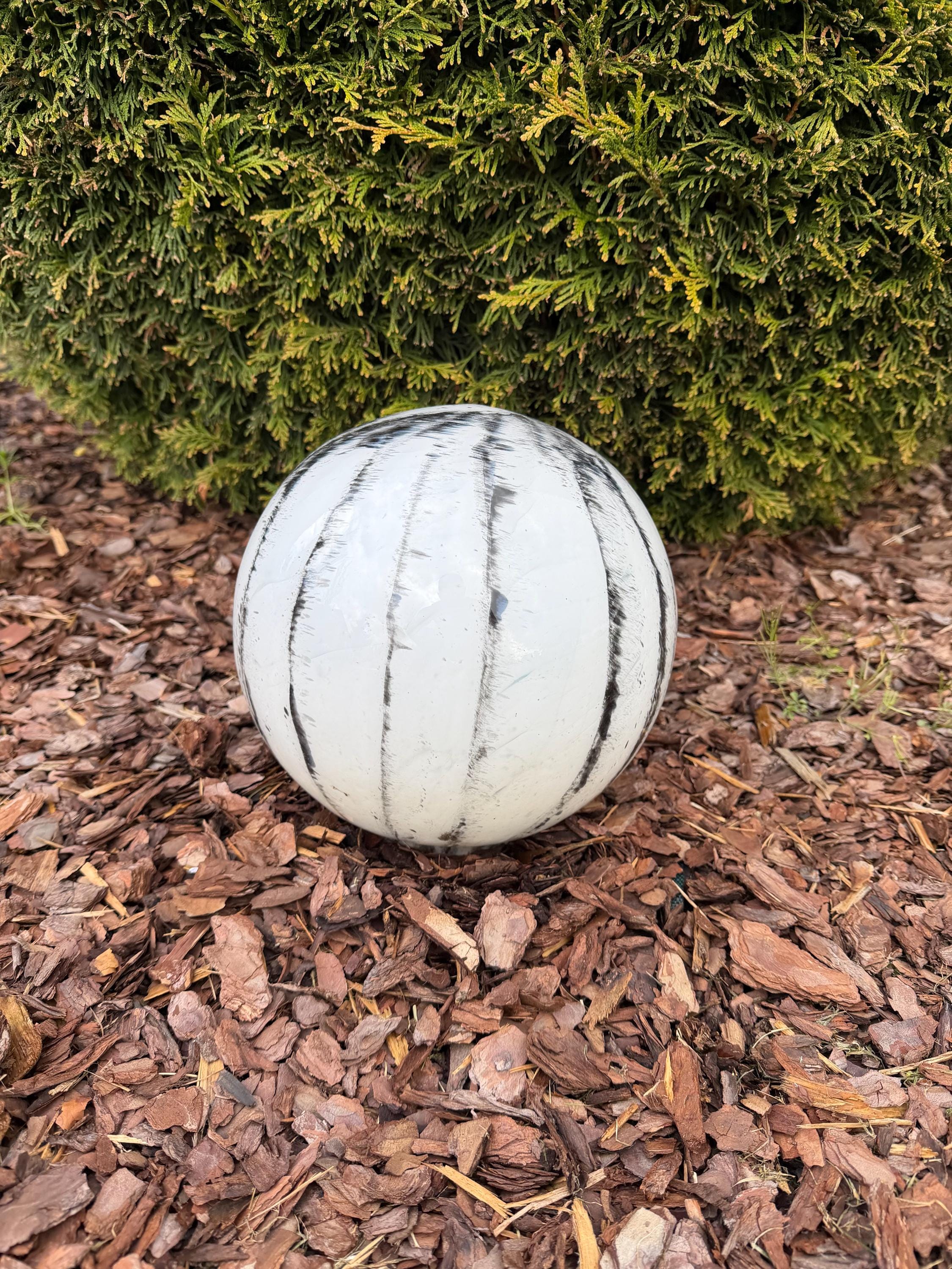 25cm Hand-Blown Glass Garden Sphere – White Black Striped Marble Gazing Ball