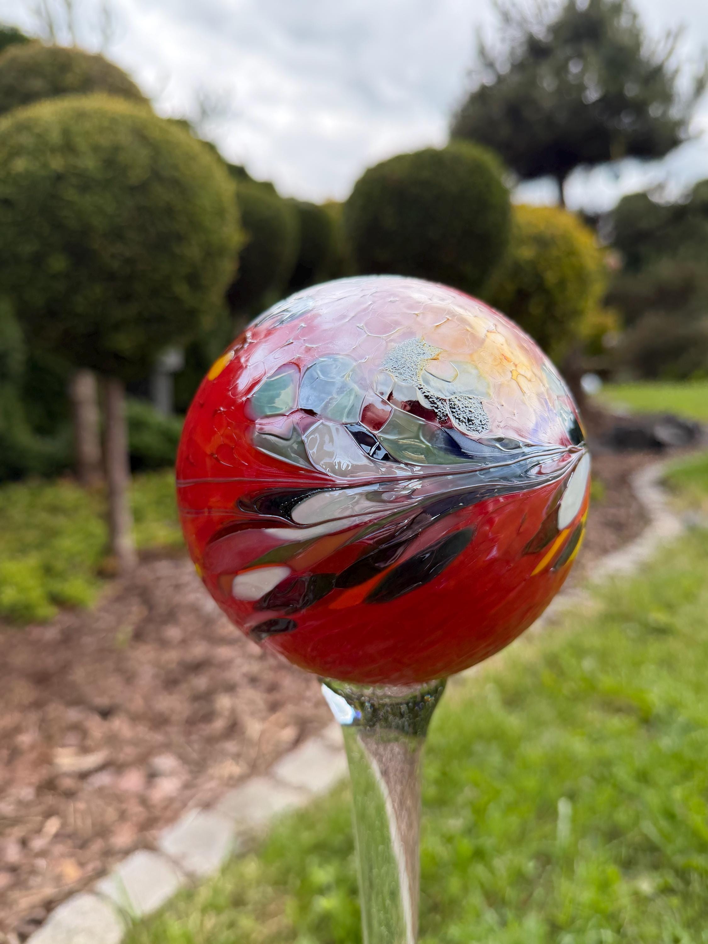 12cm Red Glass Garden Stake - Hand Blown Garden Globe - 70cm Outdoor Decor