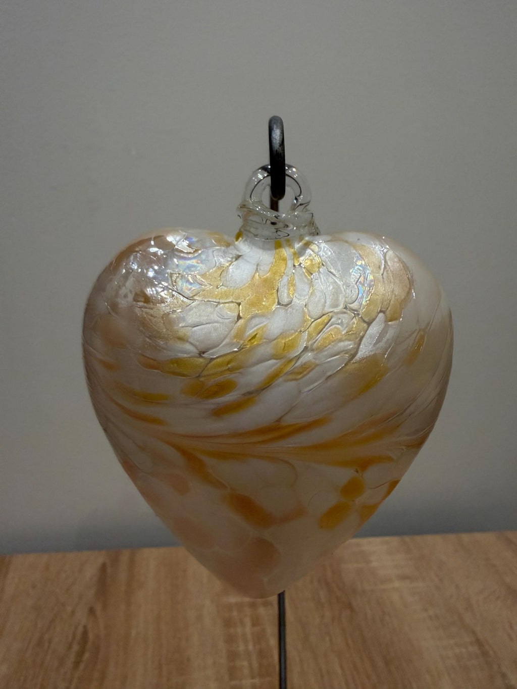 Hand-Blown Glass Heart Ornament 8cm – White & Gold Iridescent Crackle Heart – Custom Color Option Available