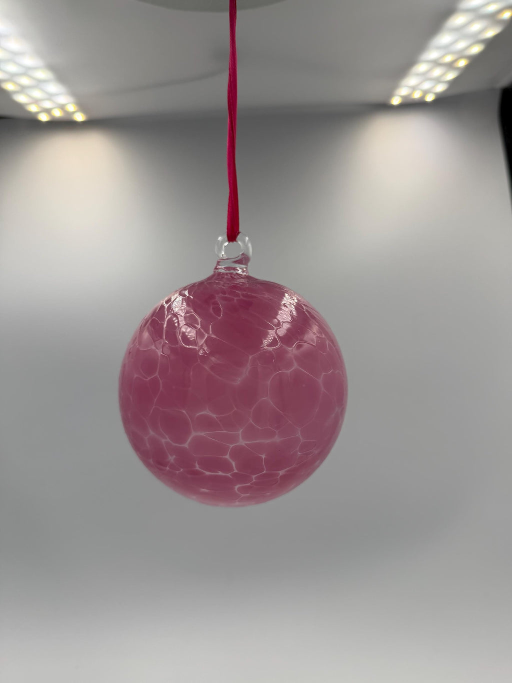10cm Hand-Blown Crackle Glass Ornament – Pink Magenta Hanging Sphere