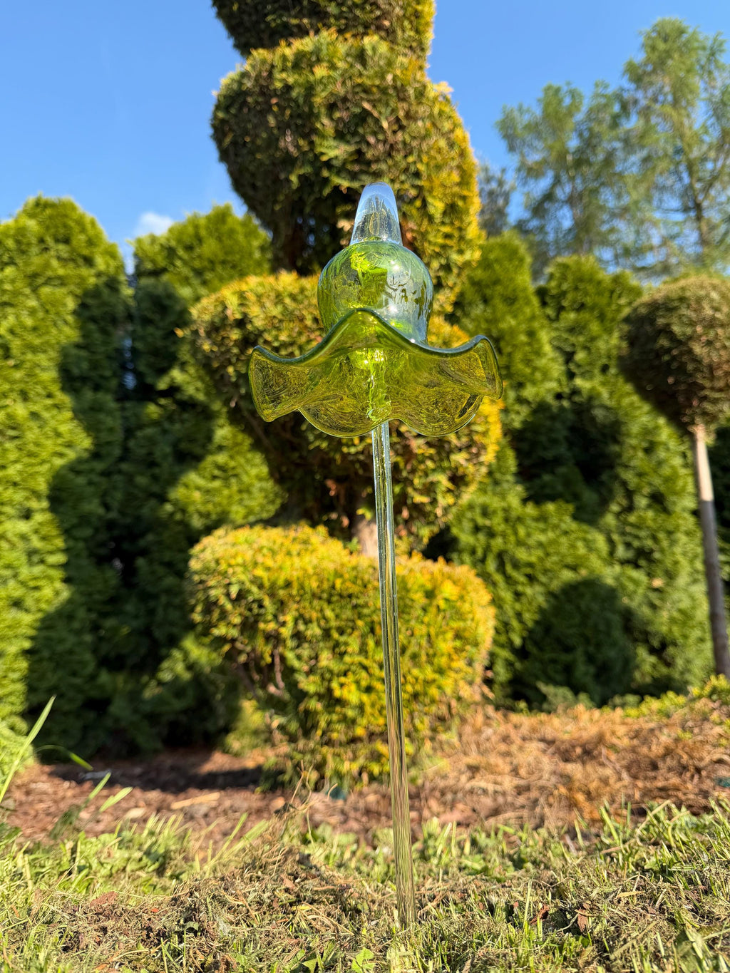 50cm Hand-Blown Green Glass Flower Sculpture – Lime Lily Garden Stake 12cm Bloom