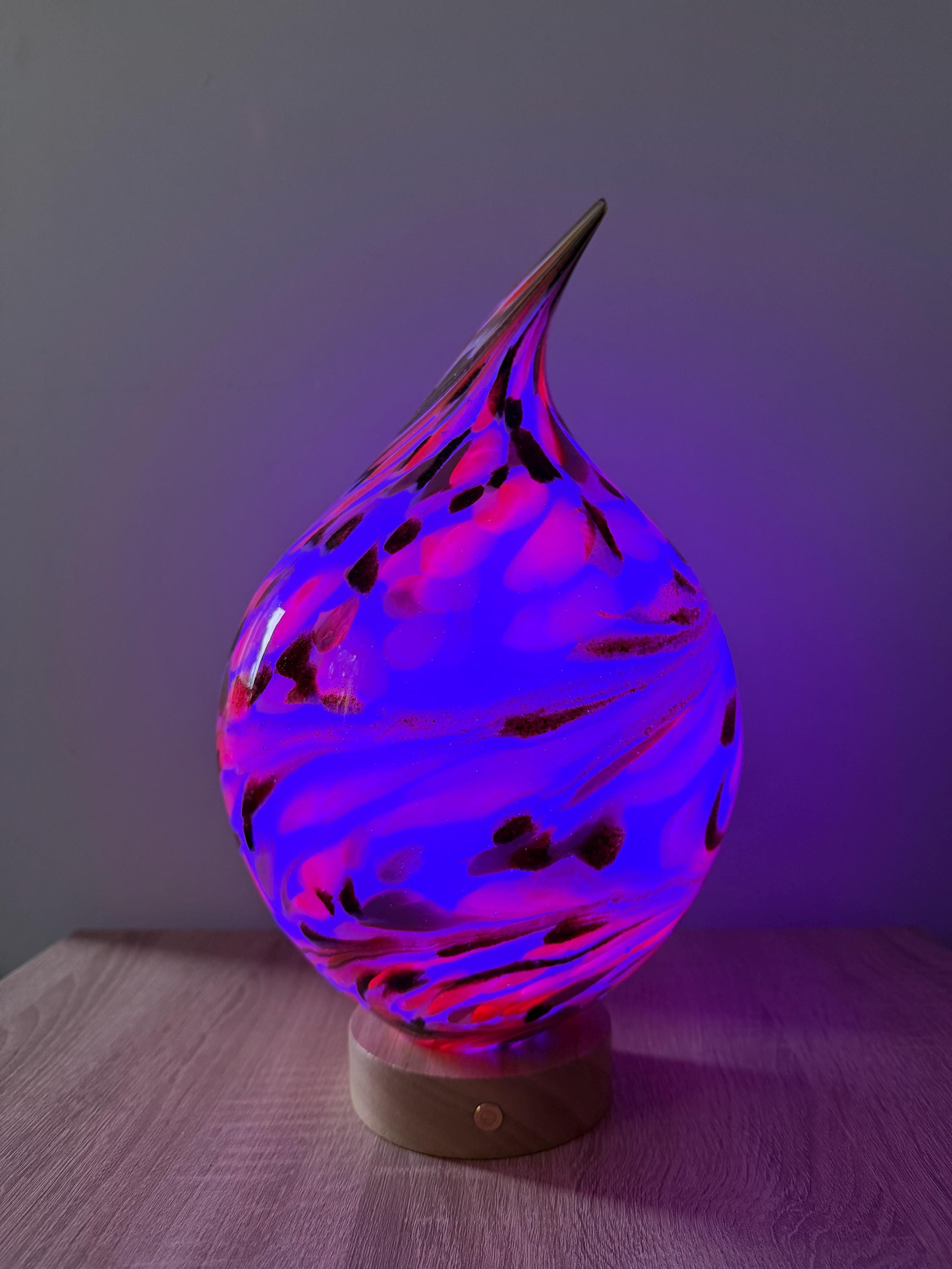 25cm Hand-Blown Gold Yellow Black Teardrop Glass Lamp – LED Touch Light Wooden Base