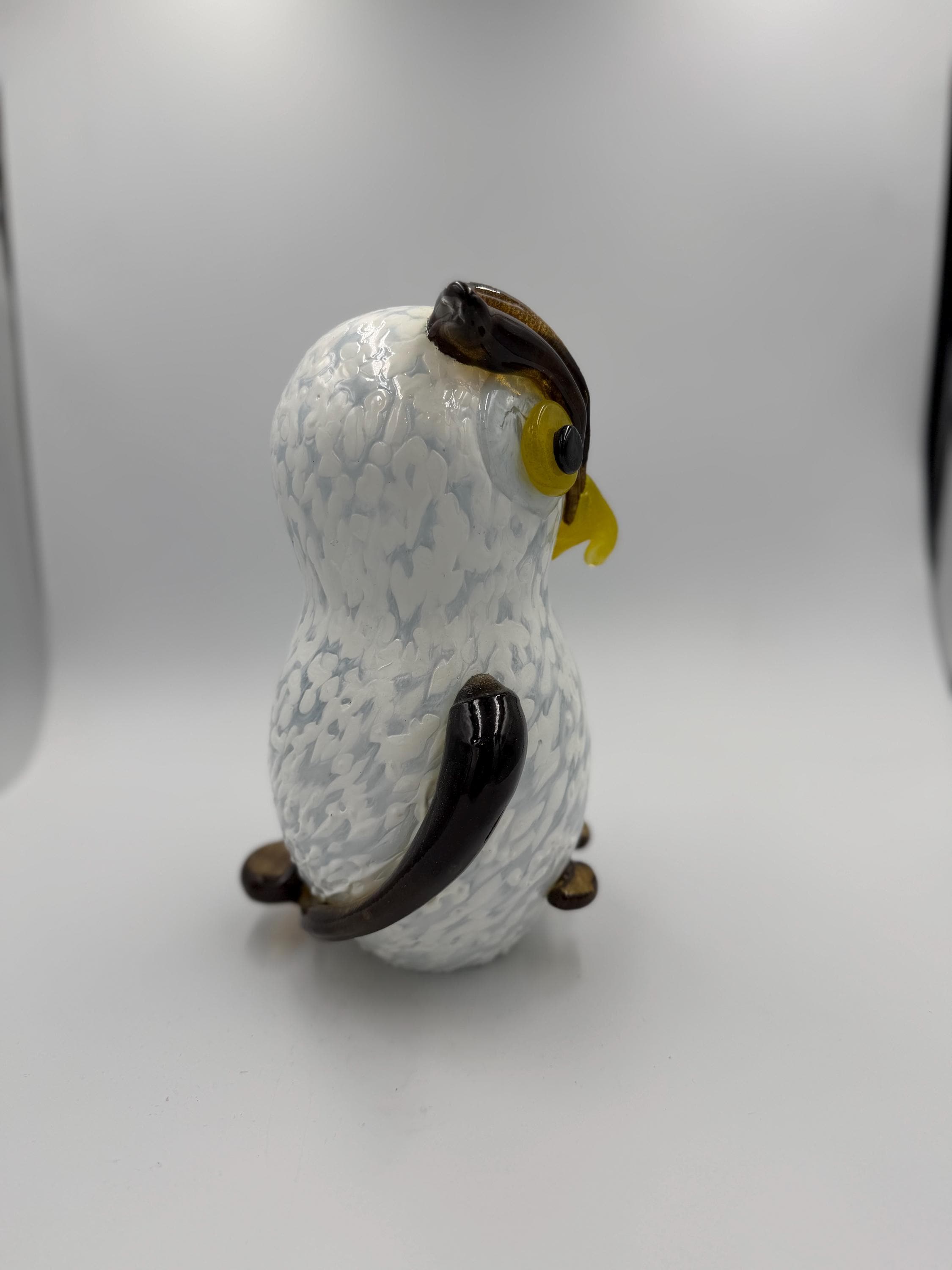 25cm Hand-Blown Glass Owl Figurine – Large White Brown Owl Sculpture with Yellow Eyes