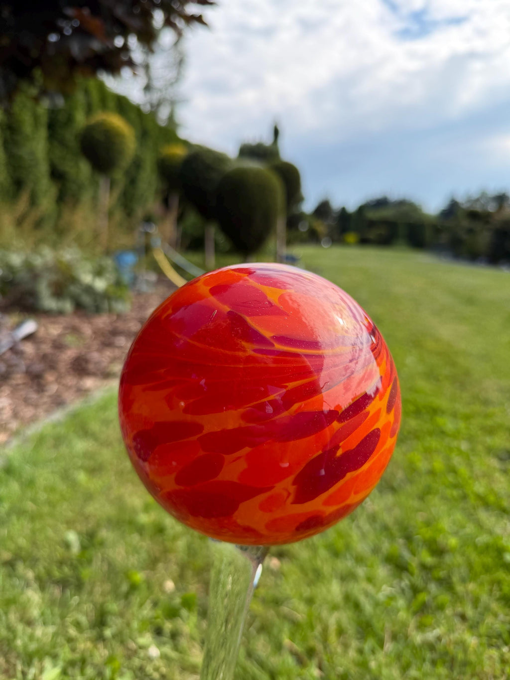 15cm Orange Glass Garden Stake - Hand Blown Garden Globe - 80cm Outdoor Decor