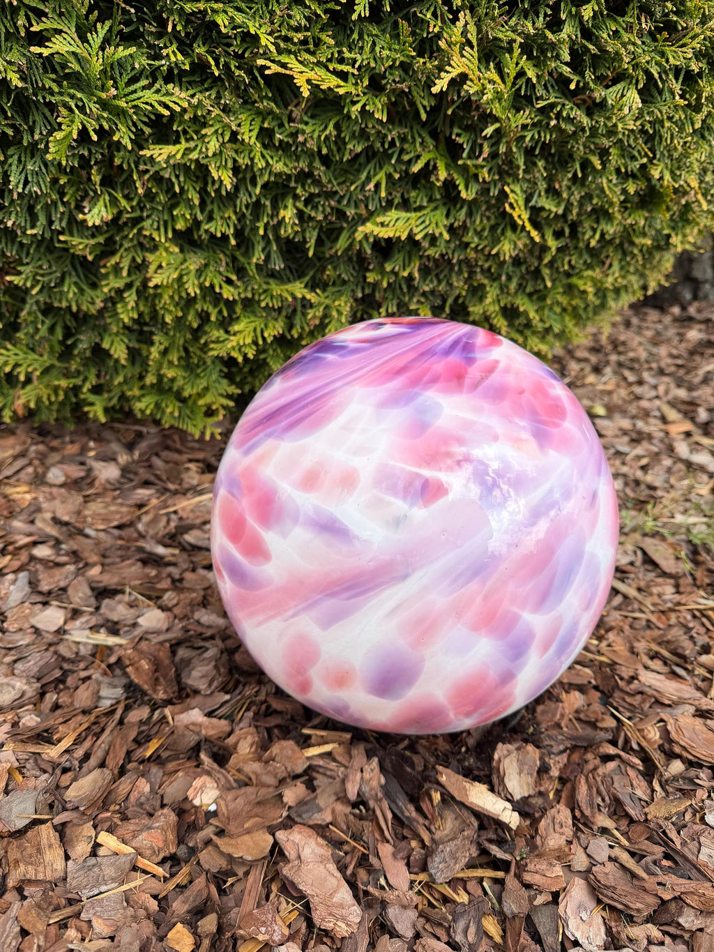 25cm Hand-Blown Glass Garden Sphere – Pink Purple White Swirl Large Gazing Ball