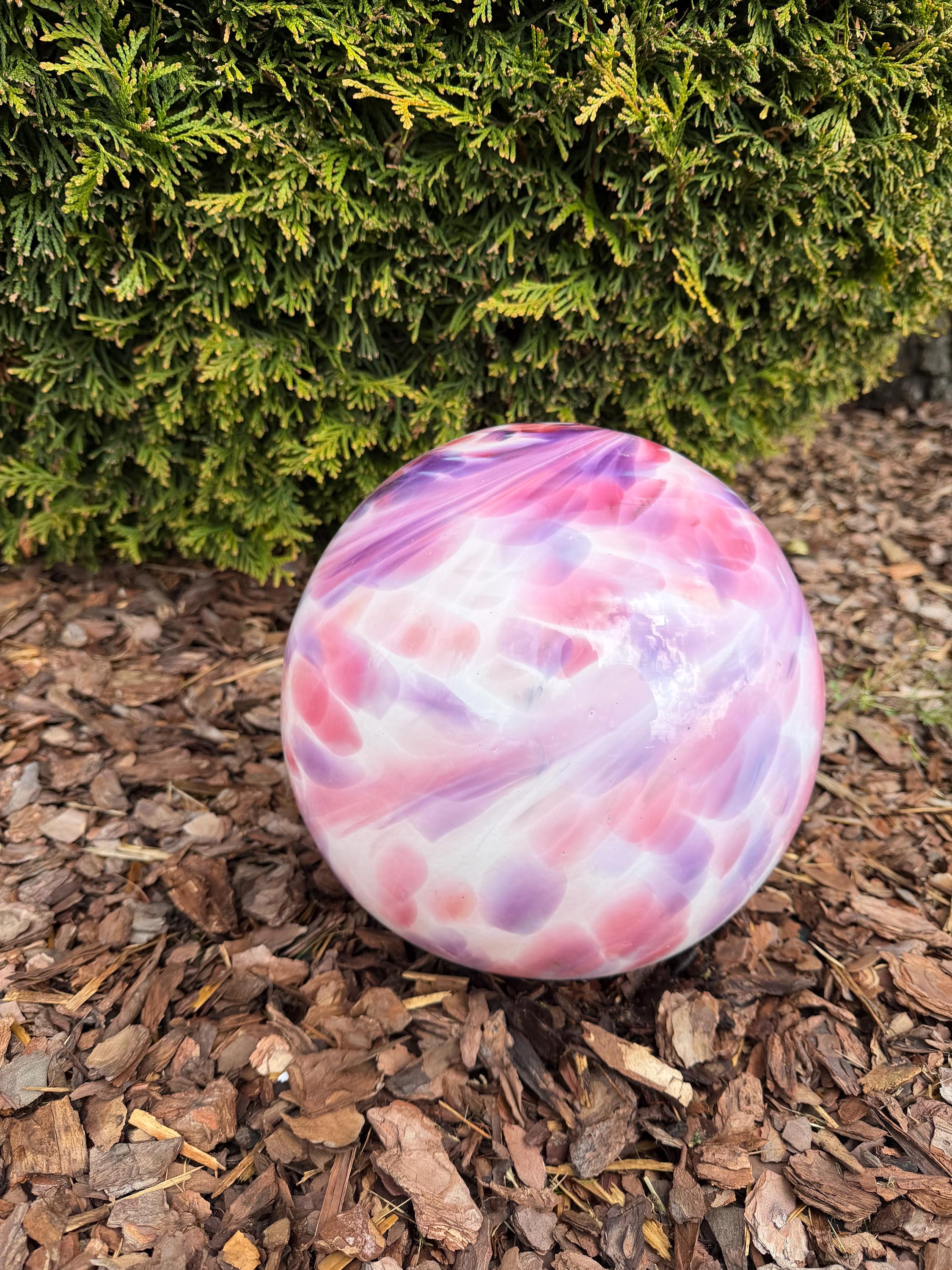 25cm Hand-Blown Glass Garden Sphere – Pink Purple White Swirl Large Gazing Ball