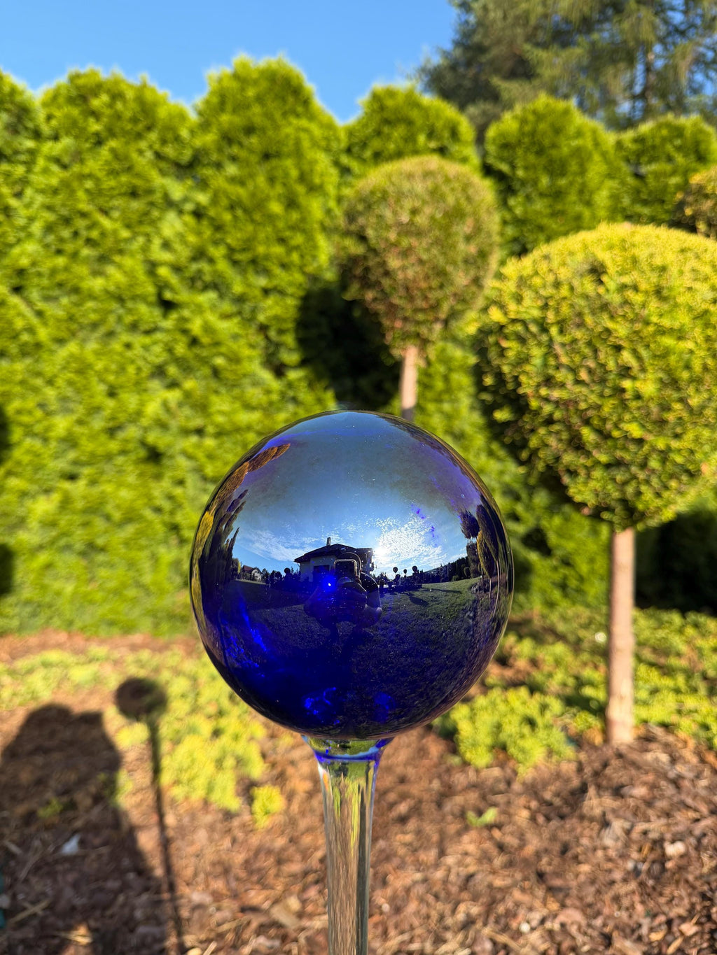 15cm Iridescent Blue Glass Garden Stake - Hand Blown Garden Globe - 80cm Yard Art