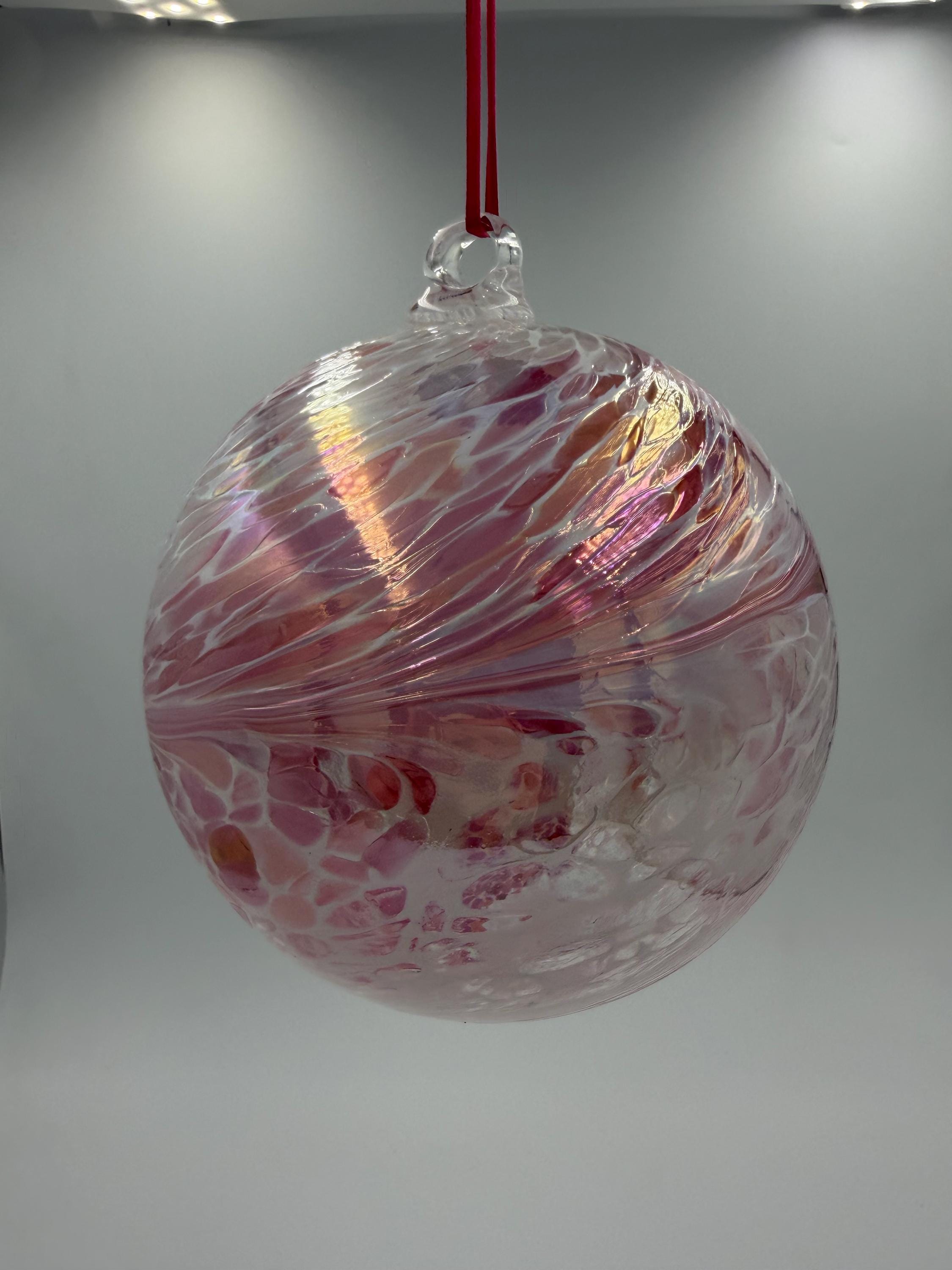 15cm Hand-Blown Iridescent Crackle Glass Ornament – Pink Purple Rose Large Hanging Ball