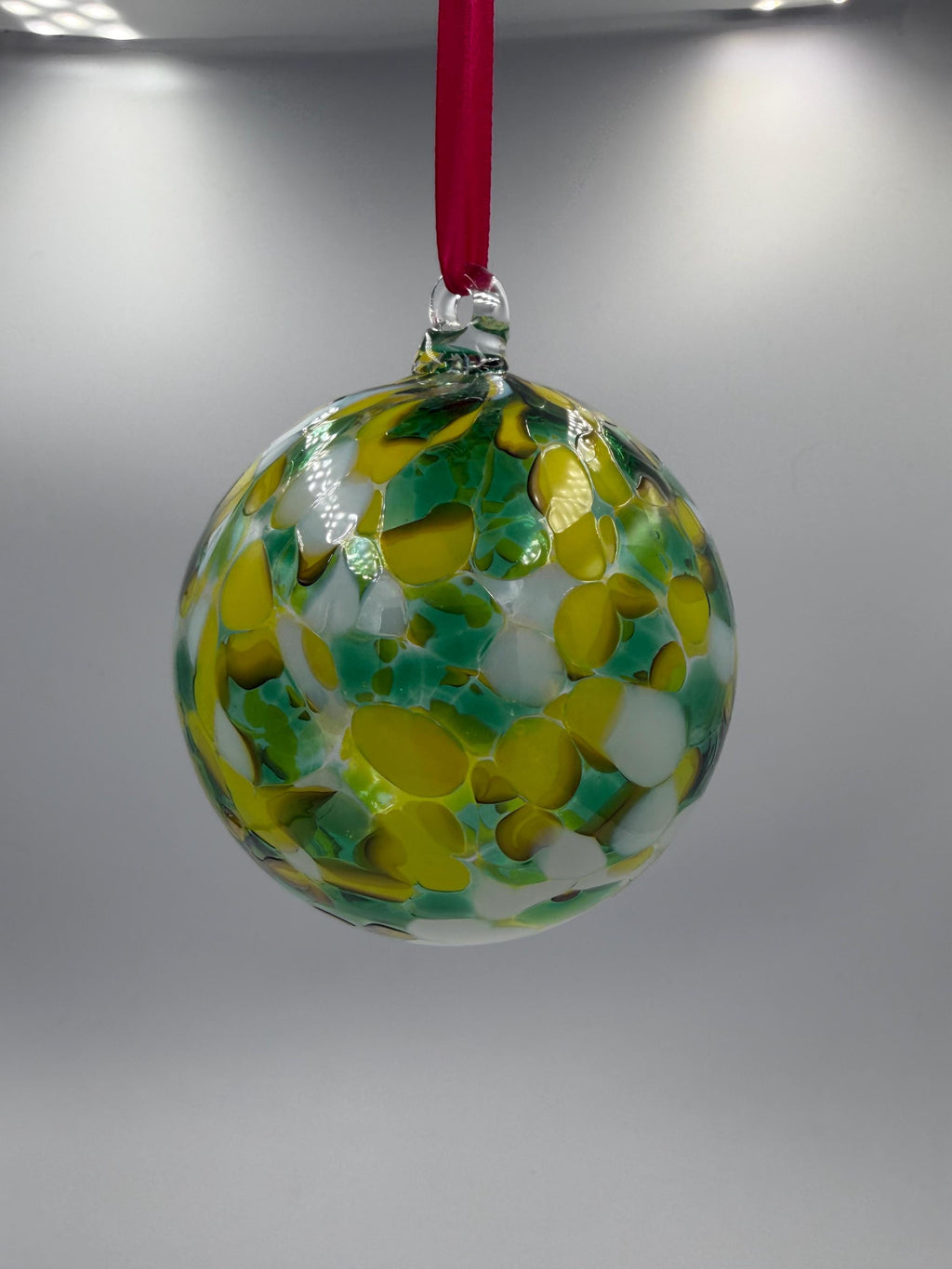 10cm Hand-Blown Crackle Glass Ornament – Vibrant Yellow Green White Hanging Sphere