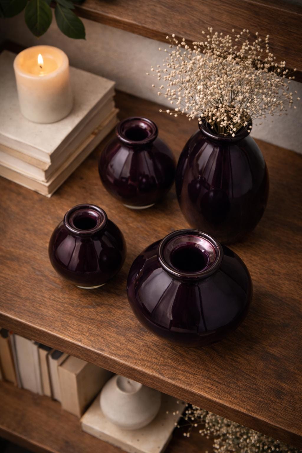 Handblown Art Glass Bud Vases – Dark Purple Minimalist Set of 4