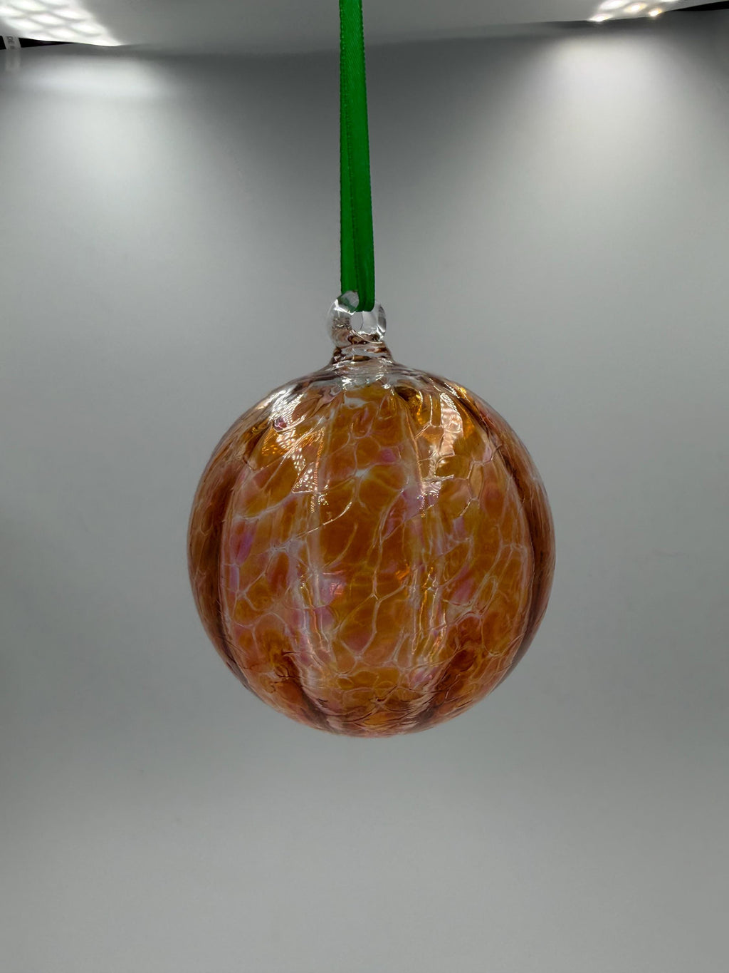10cm Hand-Blown Amber Crackle Glass Ornament – Orange Gold Hanging Ball Suncatcher