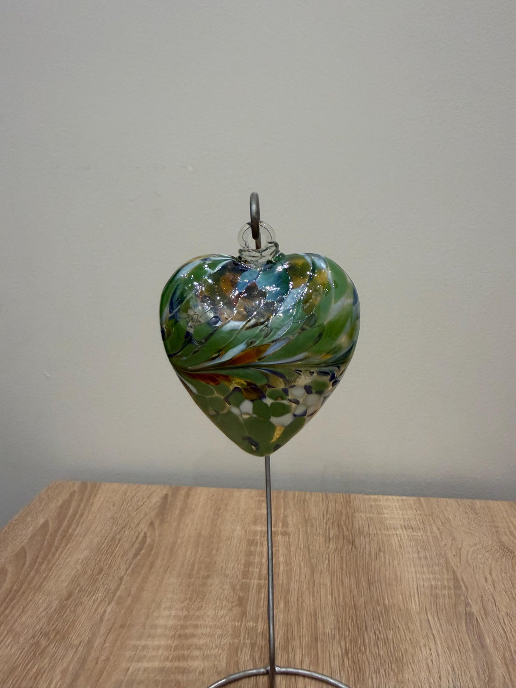 Hand-Blown Glass Heart Ornament 8cm – Green Multicolor Swirl Crackle Heart – Custom Color Option