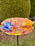 Hand-Blown Glass Bird Bath with Birds – Multicolor Swirl Garden Feeder, 50cm Stand Included