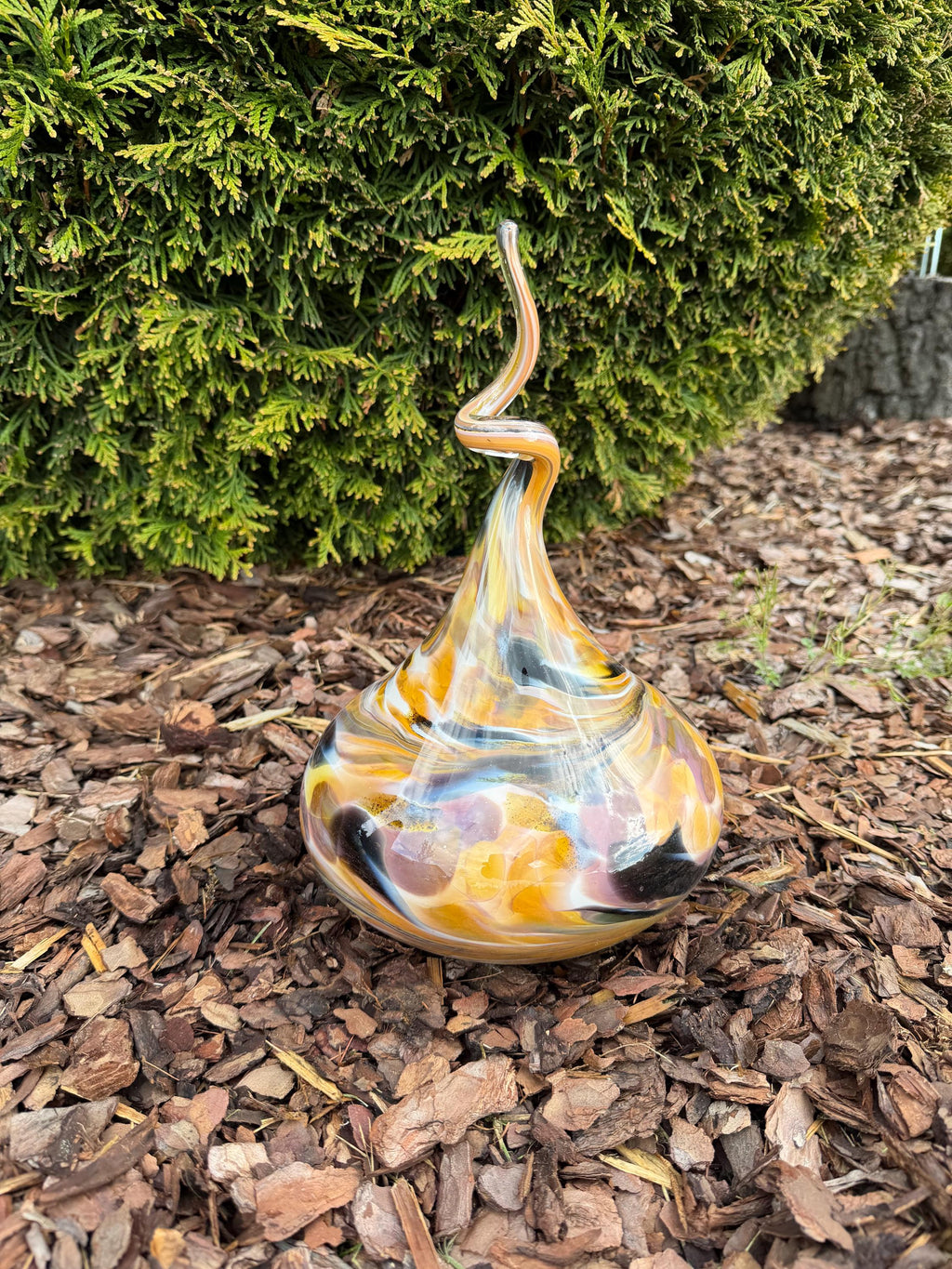 30cm Hand-Blown Glass Teardrop – Multicolor Yellow Purple Black Swirl Garden Sculpture