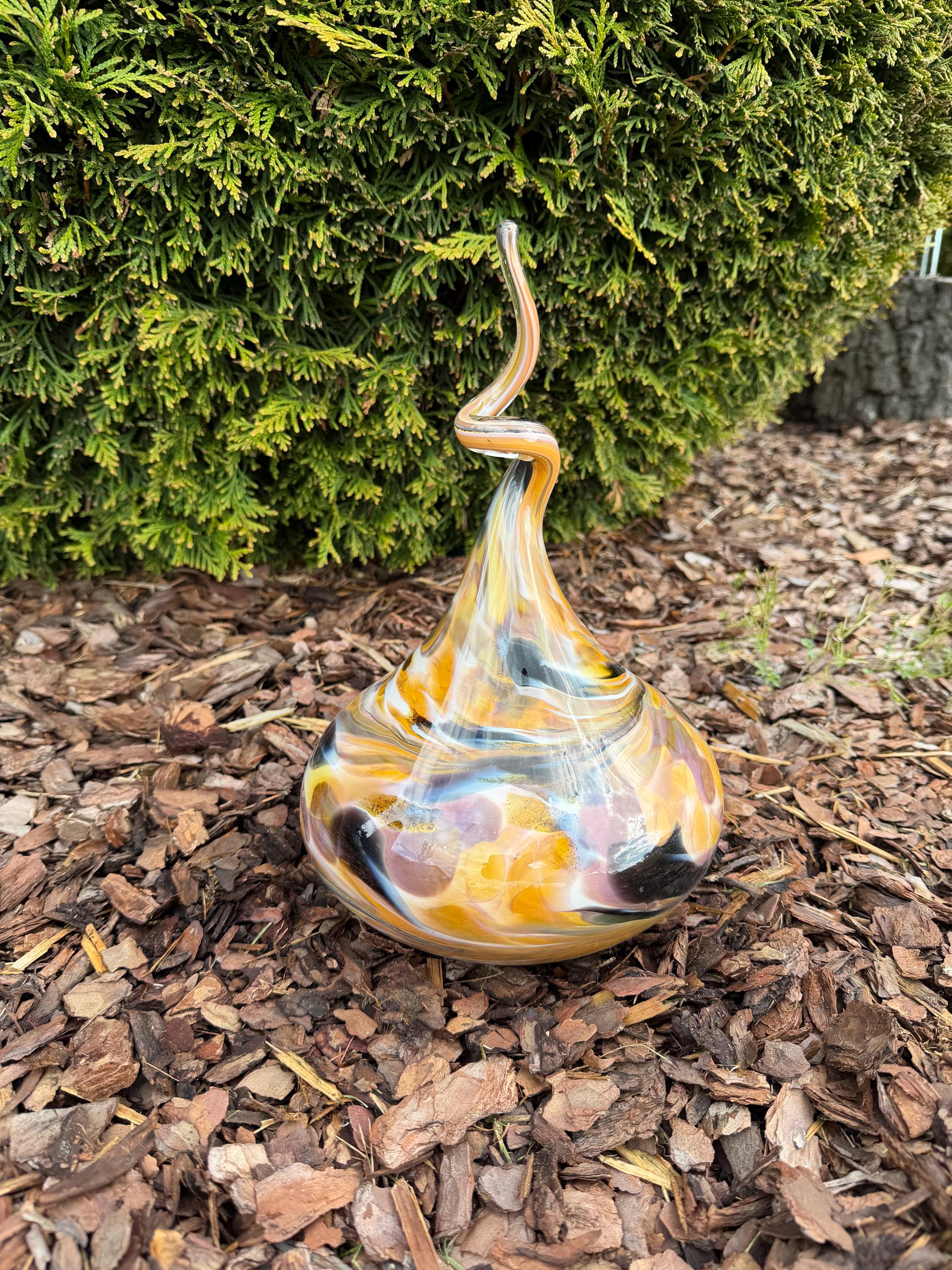 30cm Hand-Blown Glass Teardrop – Multicolor Yellow Purple Black Swirl Garden Sculpture