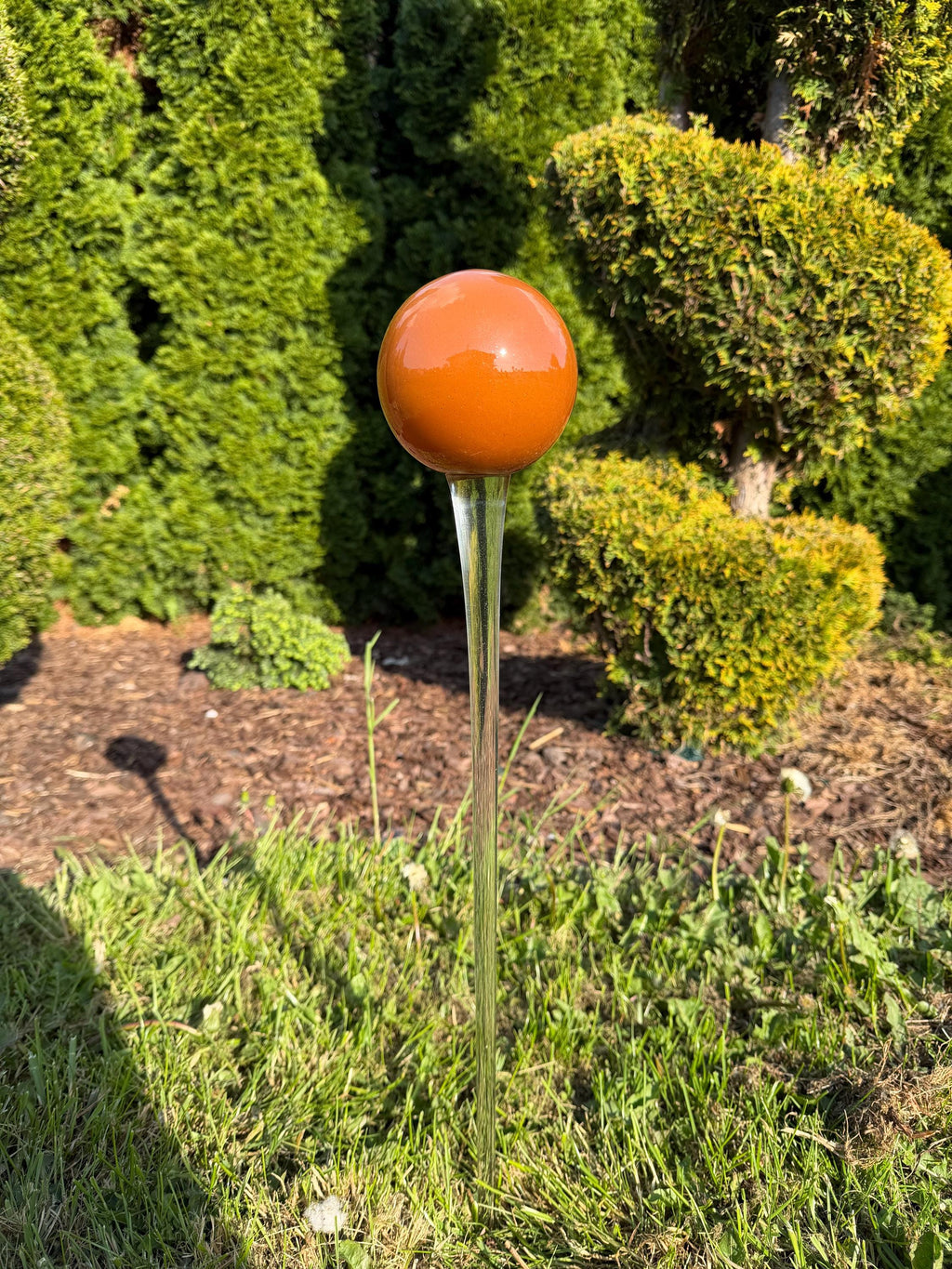 70cm Hand-Blown Orange Glass Garden Stake – 12cm Amber Sphere