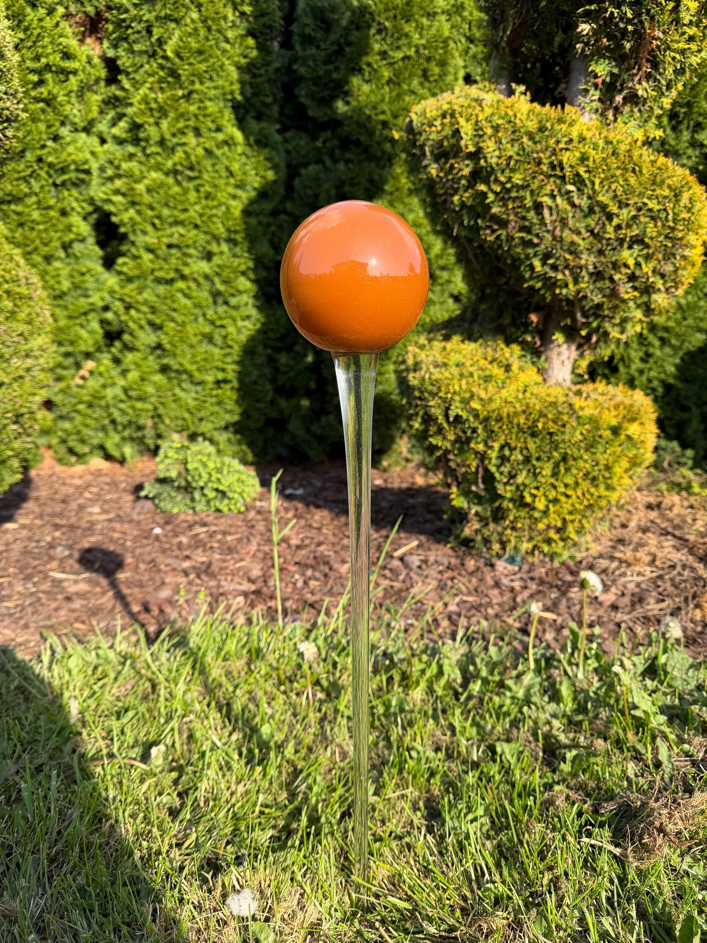 70cm Hand-Blown Orange Glass Garden Stake – 12cm Amber Sphere