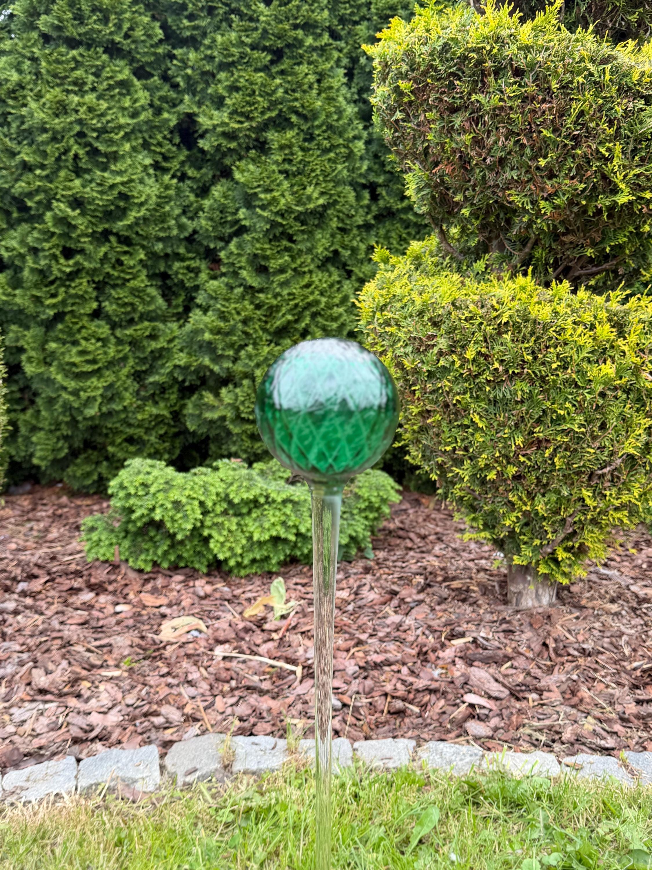 70cm Hand Blown Emerald Green - 12cm Glass Garden Ball Stake – Textured Art Decoration