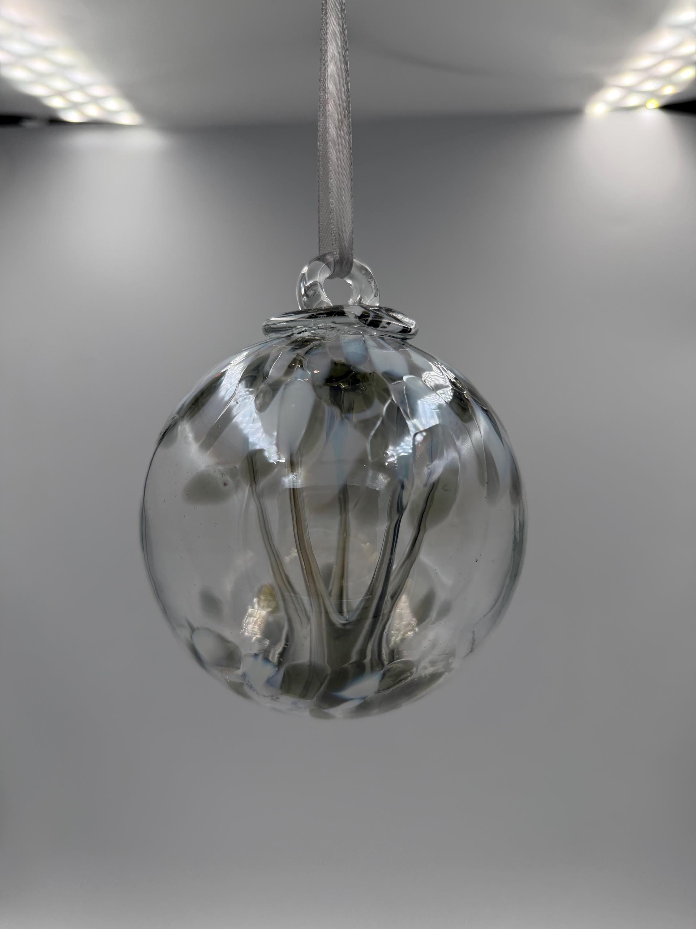 10cm Hand-Blown Glass Witch Ball – Tree of Life Spirit Ball – Silver Hanging Ornament