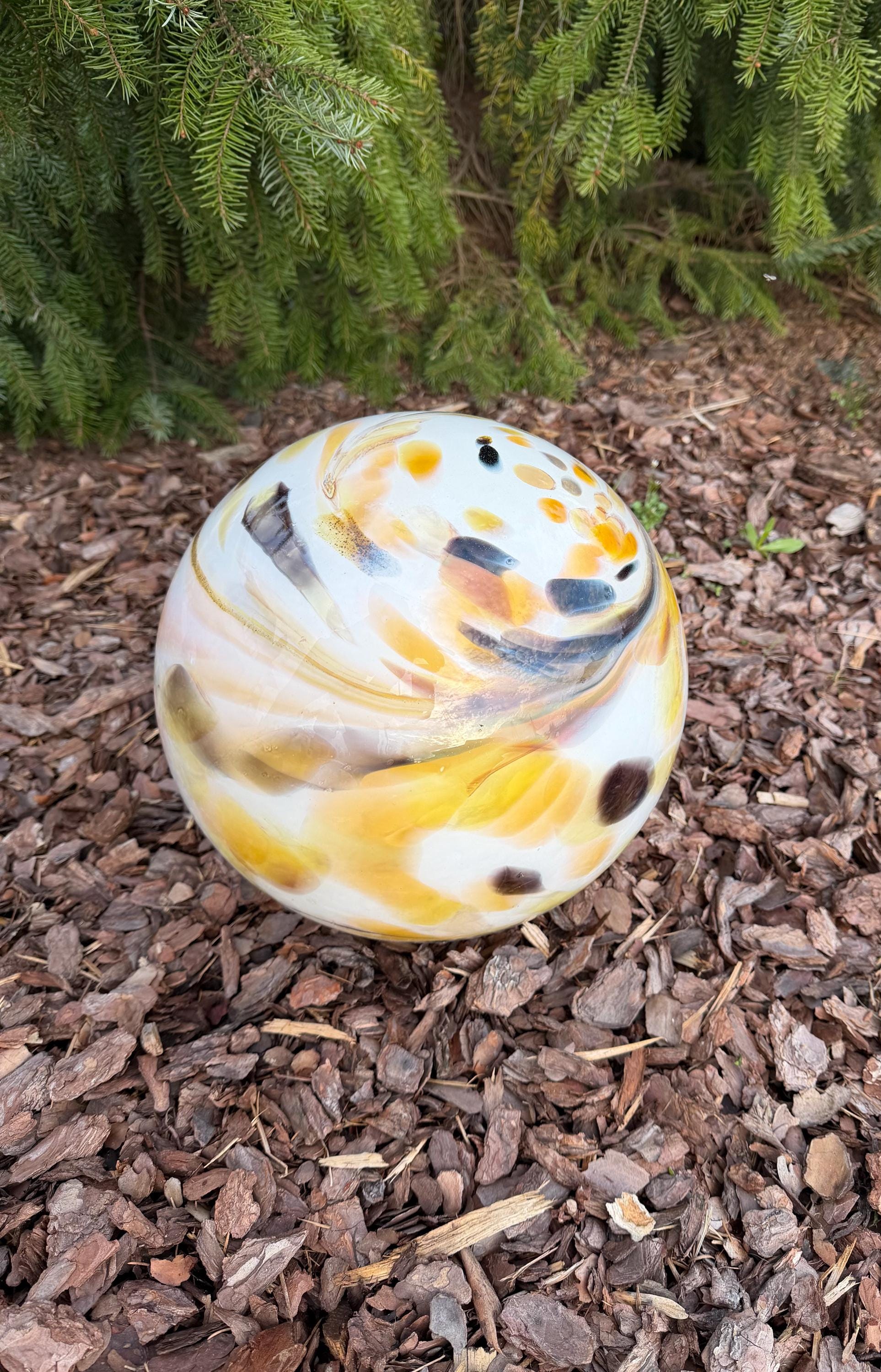 30cm Handblown Glass Garden Orb – Golden Amber Swirl Gazing Ball – Luxury Outdoor Decor