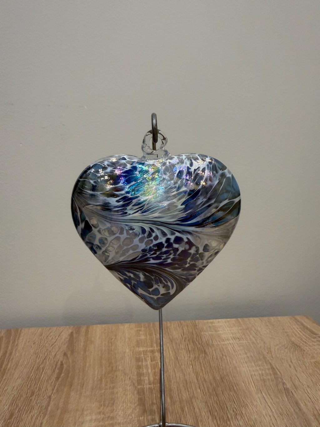 Hand-Blown Glass Heart Ornament 10 cm – Blue White Iridescent Suncatcher Decor