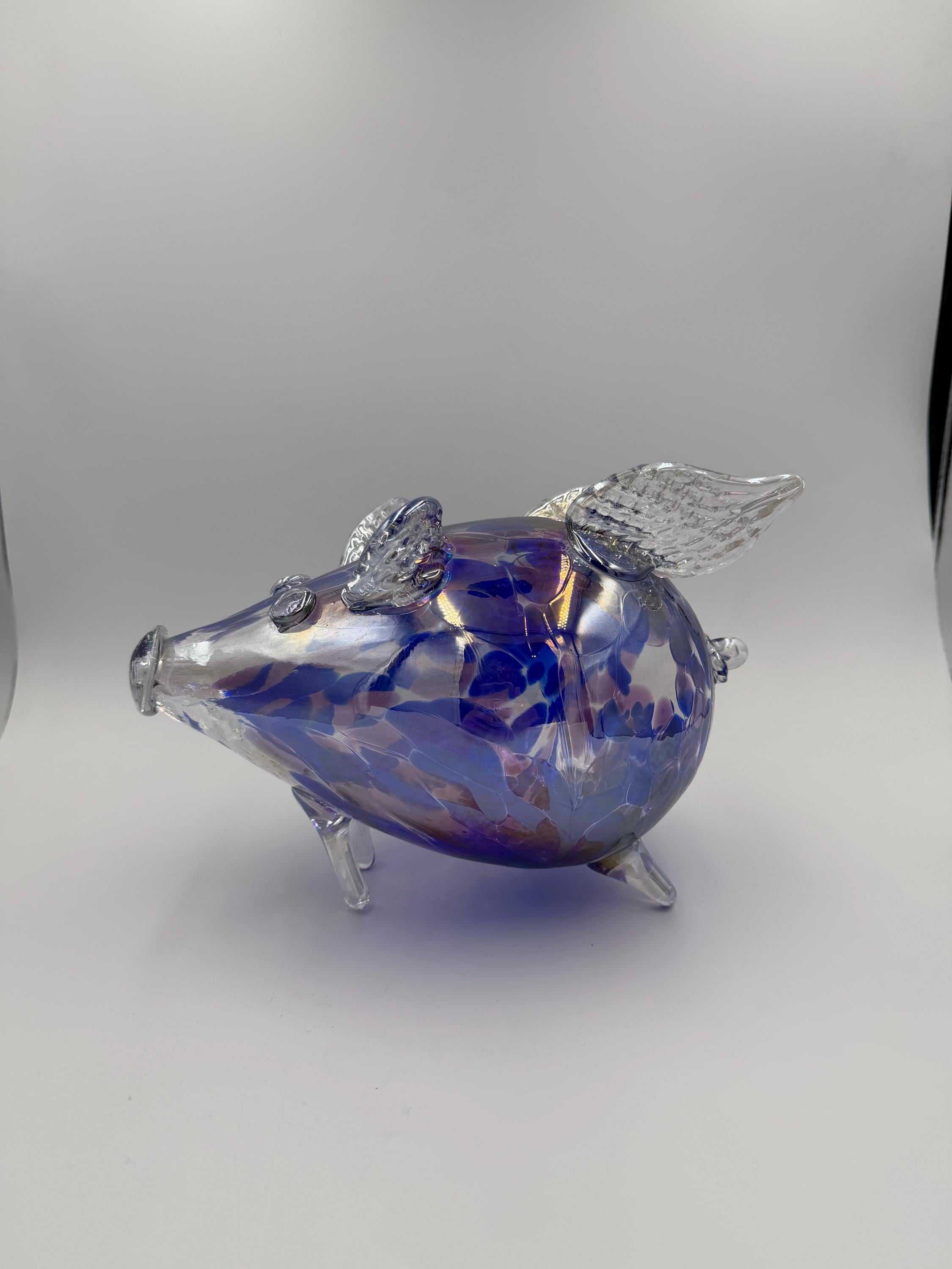30cm Hand-Blown Flying Pig Glass Sculpture – Blue Purple Iridescent Crackle Art Piece
