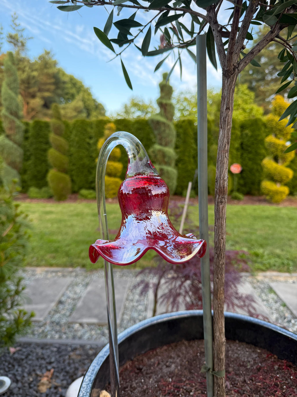 50cm Hand-Blown Red Glass Flower Garden Stake – 12cm Crackle Tulip Sculpture