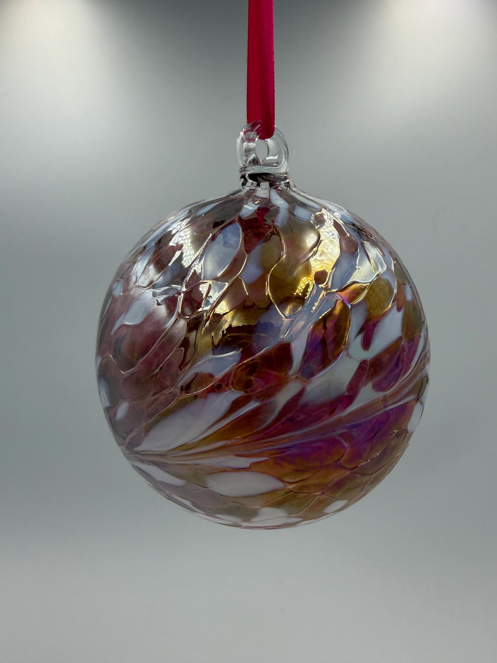 10cm Hand-Blown Crackle Glass Ornament – Pink Purple Gold Iridescent Swirl Hanging Sphere