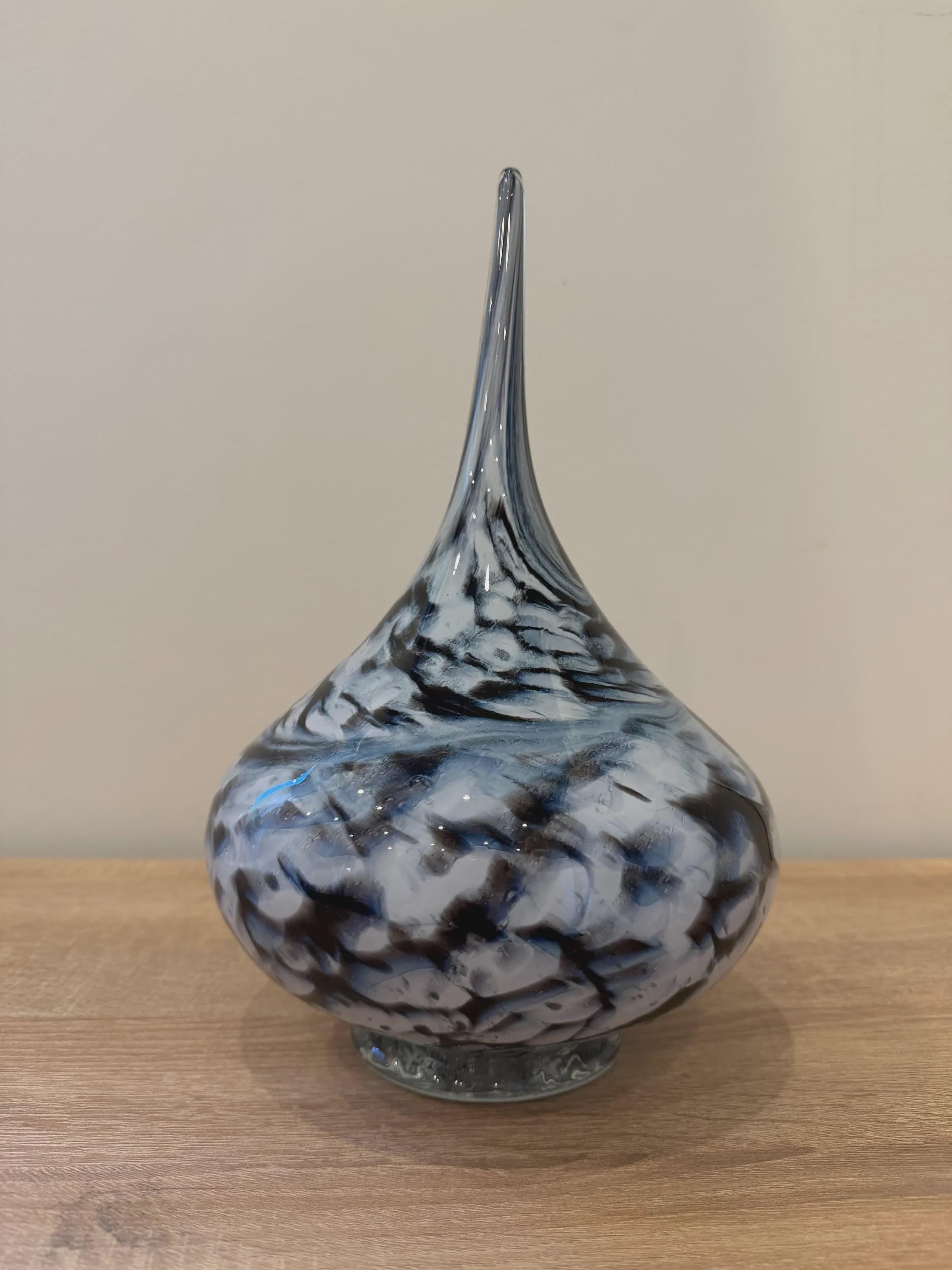 Hand-Blown Glass Teardrop Lamp 25cm – Blue Black White Swirl LED Night Light (USB Powered)