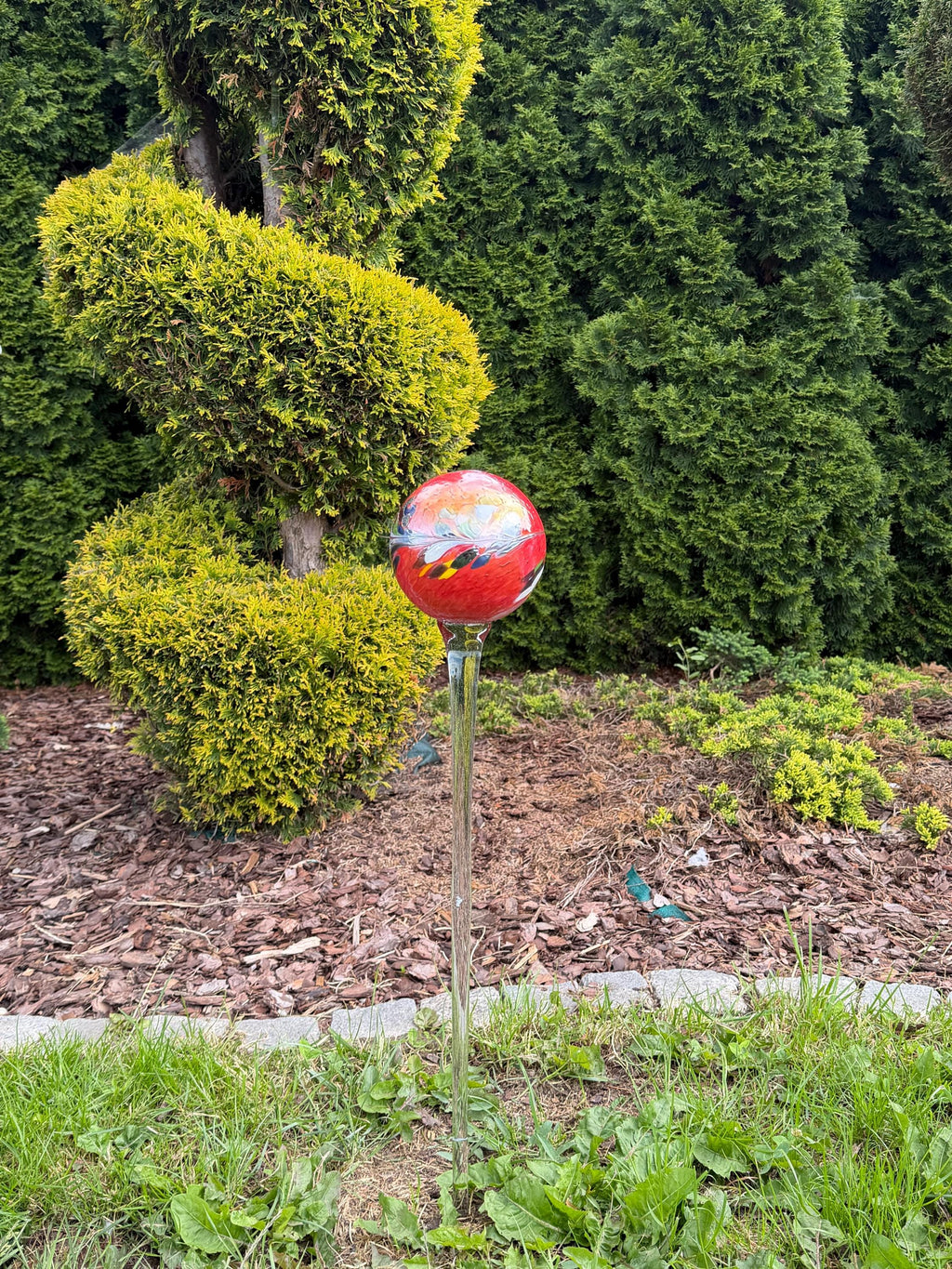12cm Red Glass Garden Stake - Hand Blown Garden Globe - 70cm Outdoor Decor